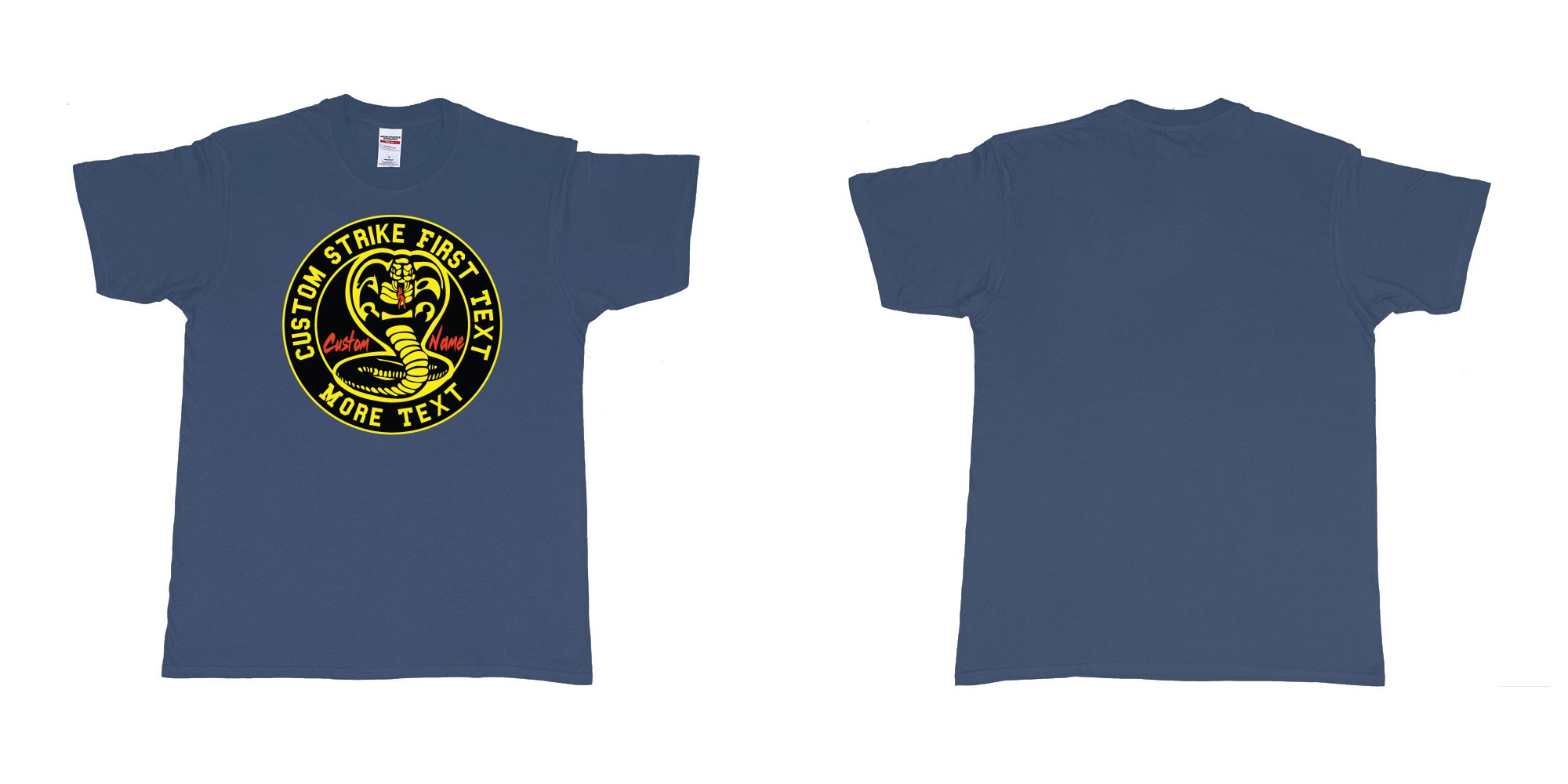 Custom tshirt design cobra kai karatekid custom logo in fabric color navy choice your own text made in Bali by The Pirate Way