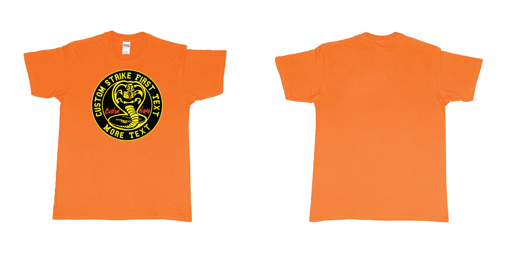 Custom tshirt design cobra kai karatekid custom logo in fabric color orange choice your own text made in Bali by The Pirate Way