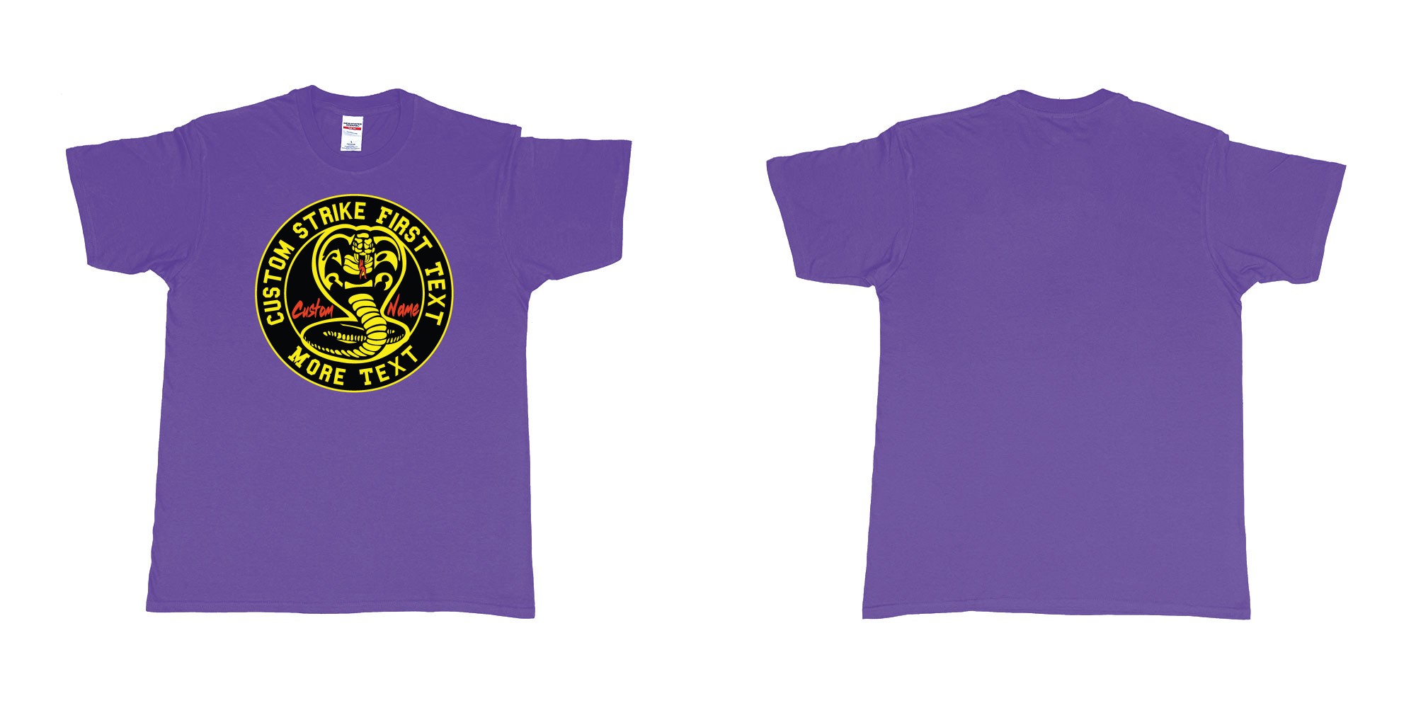 Custom tshirt design cobra kai karatekid custom logo in fabric color purple choice your own text made in Bali by The Pirate Way