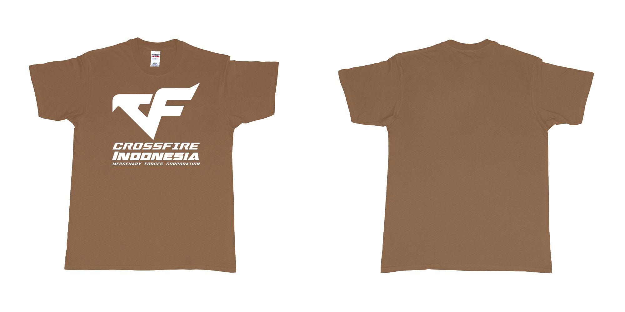 Custom tshirt design crossfire indonesia cfindo in fabric color chestnut choice your own text made in Bali by The Pirate Way