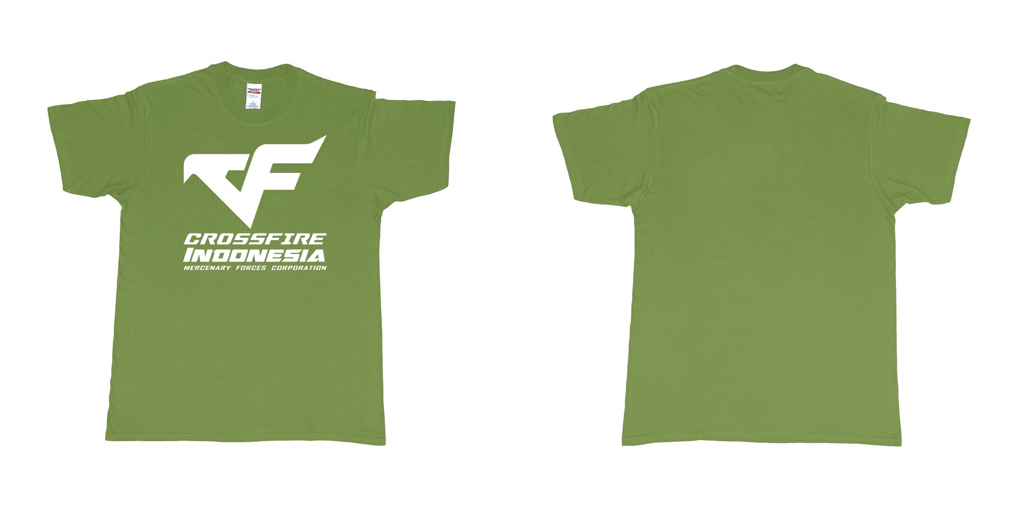 Custom tshirt design crossfire indonesia cfindo in fabric color military-green choice your own text made in Bali by The Pirate Way