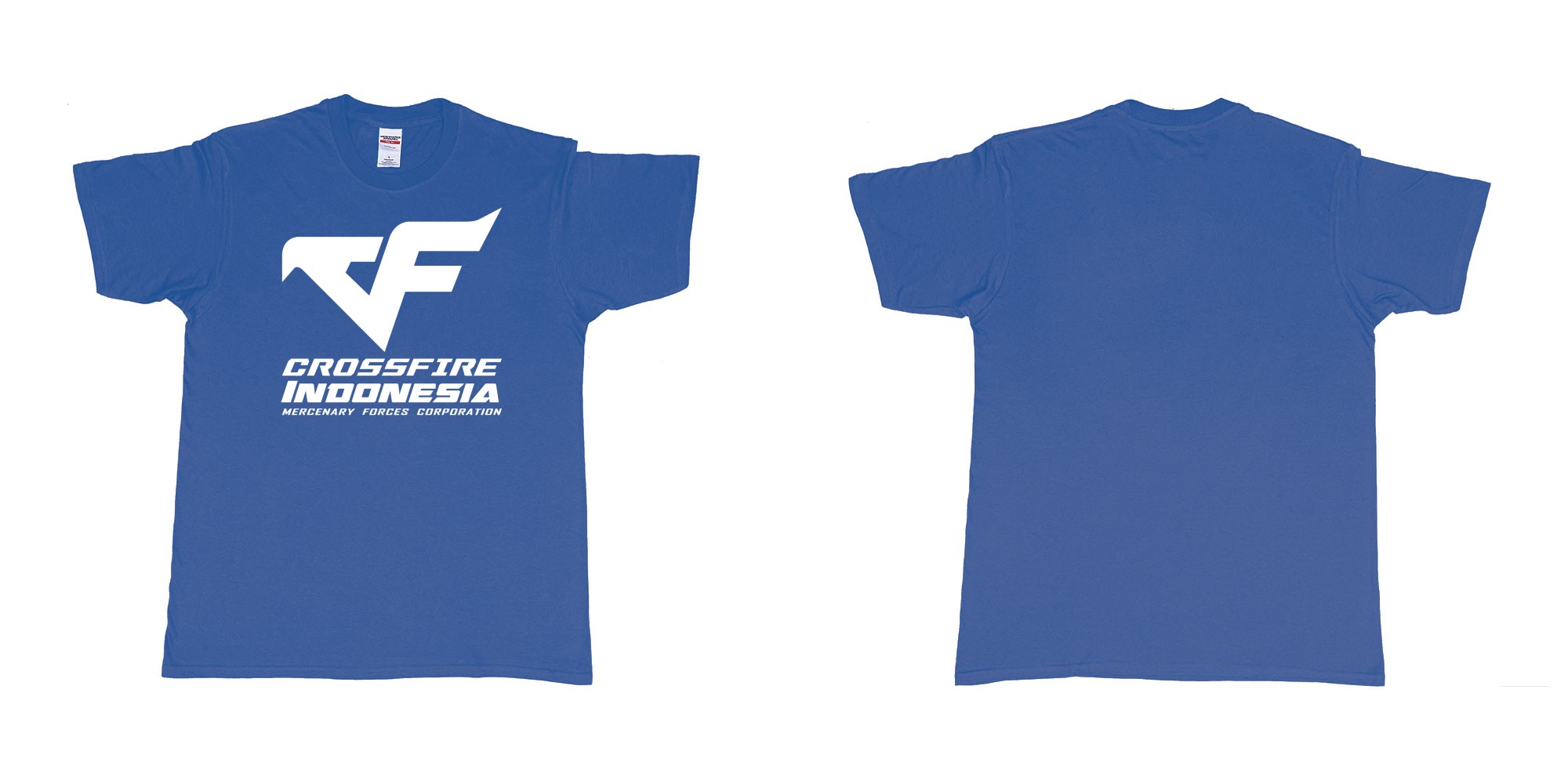 Custom tshirt design crossfire indonesia cfindo in fabric color royal-blue choice your own text made in Bali by The Pirate Way