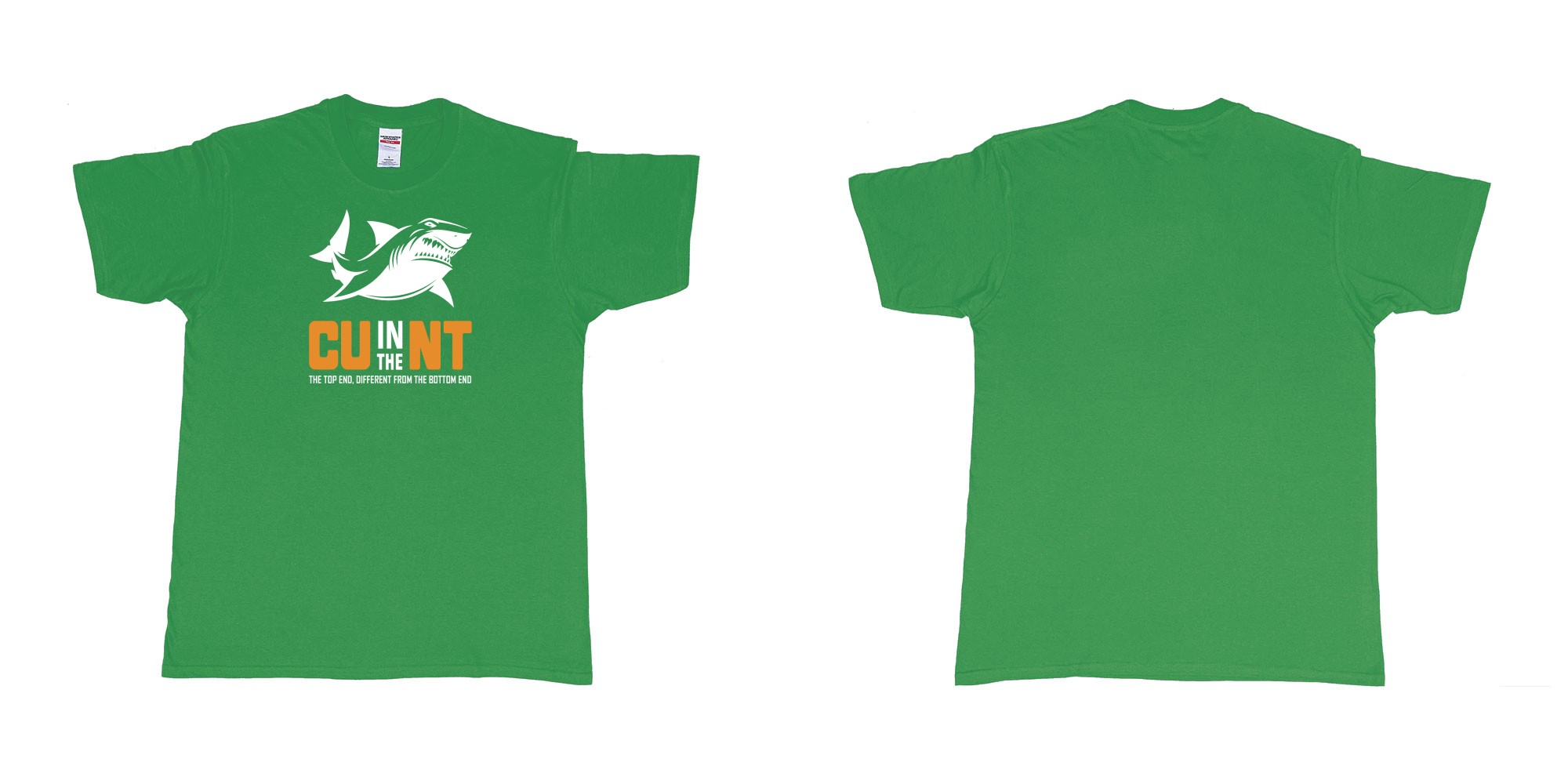 Custom tshirt design cu in the nt northern territory shark in fabric color irish-green choice your own text made in Bali by The Pirate Way