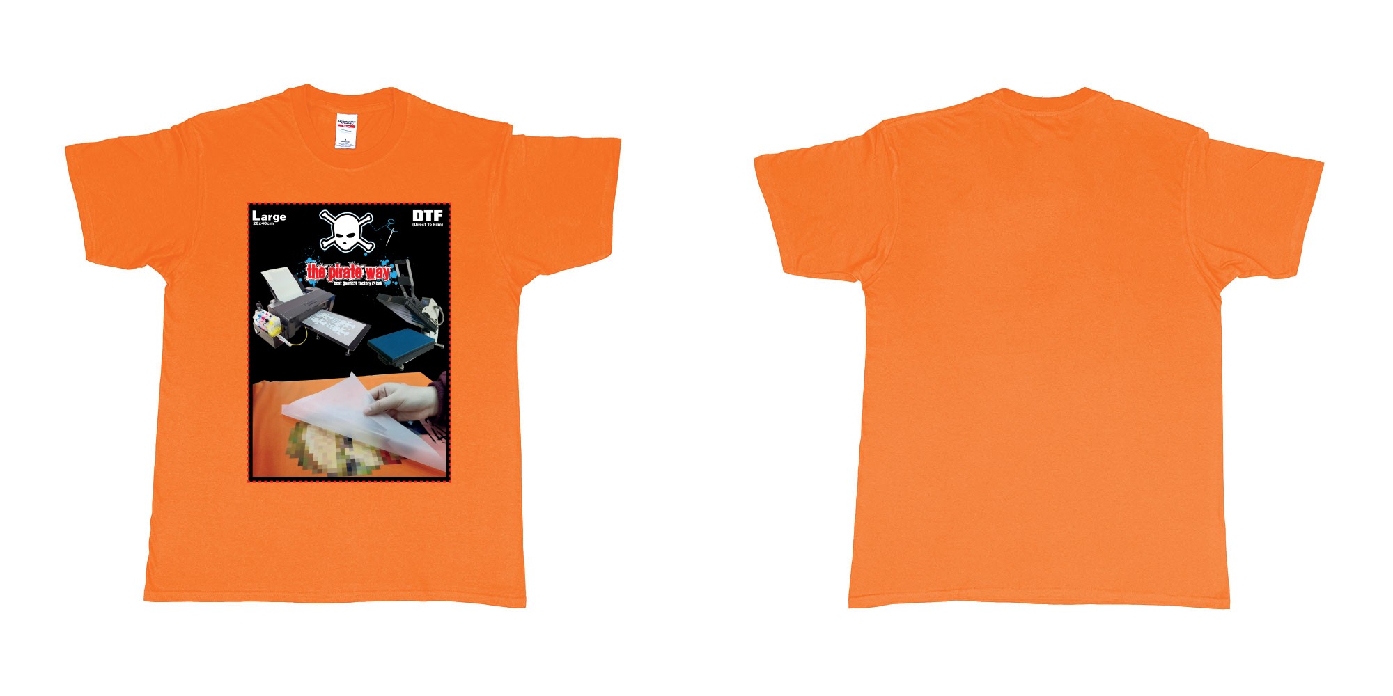 Custom tshirt design dtf printing tshirt large 28x40cm in fabric color orange choice your own text made in Bali by The Pirate Way