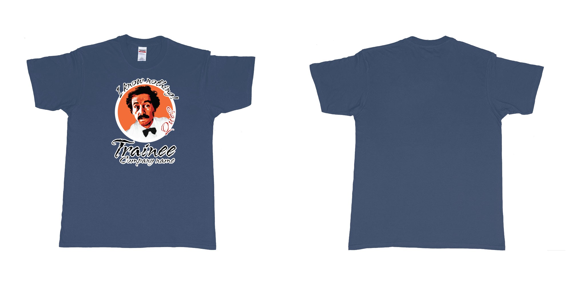 Custom tshirt design fawlty towers manuel i know nothing que in fabric color navy choice your own text made in Bali by The Pirate Way