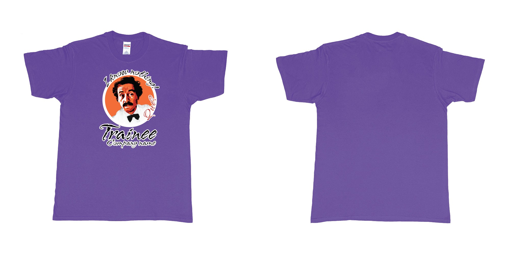 Custom tshirt design fawlty towers manuel i know nothing que in fabric color purple choice your own text made in Bali by The Pirate Way