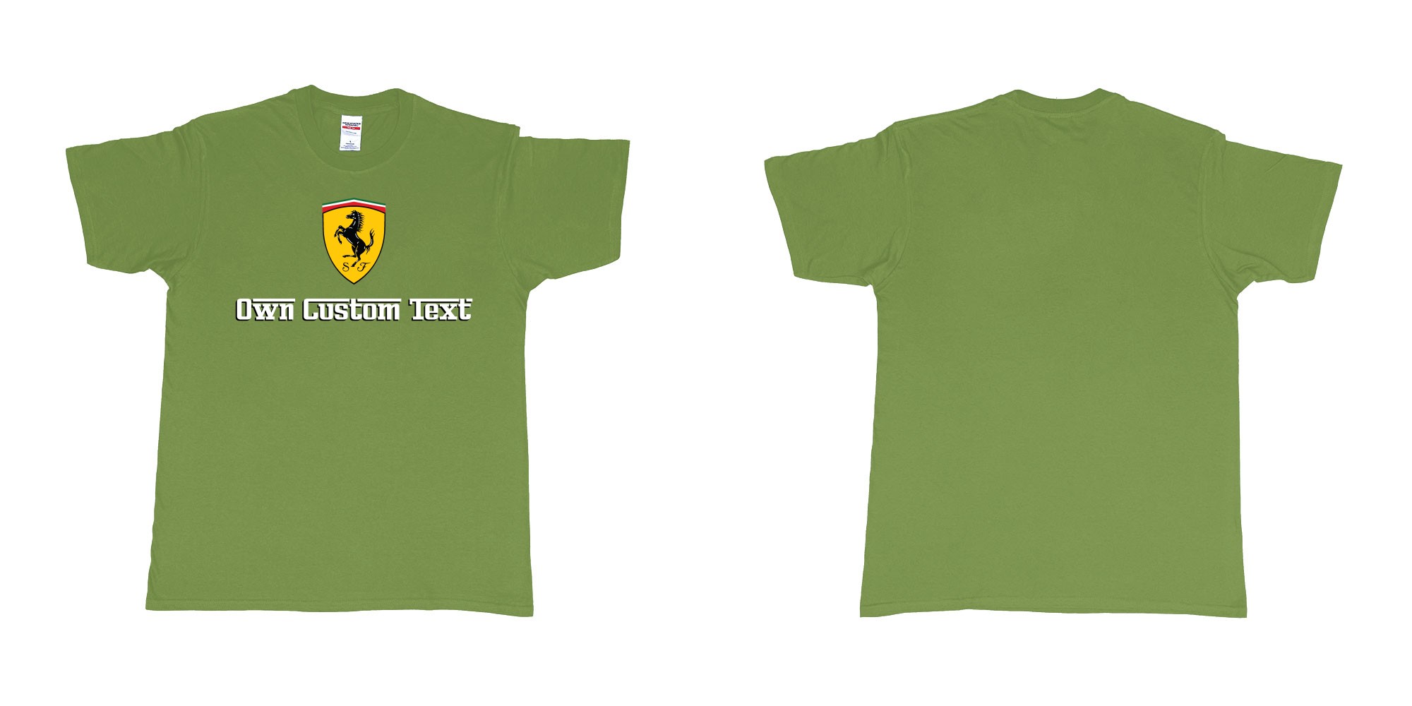 Custom tshirt design ferrari logo design custom print tshirt in fabric color military-green choice your own text made in Bali by The Pirate Way