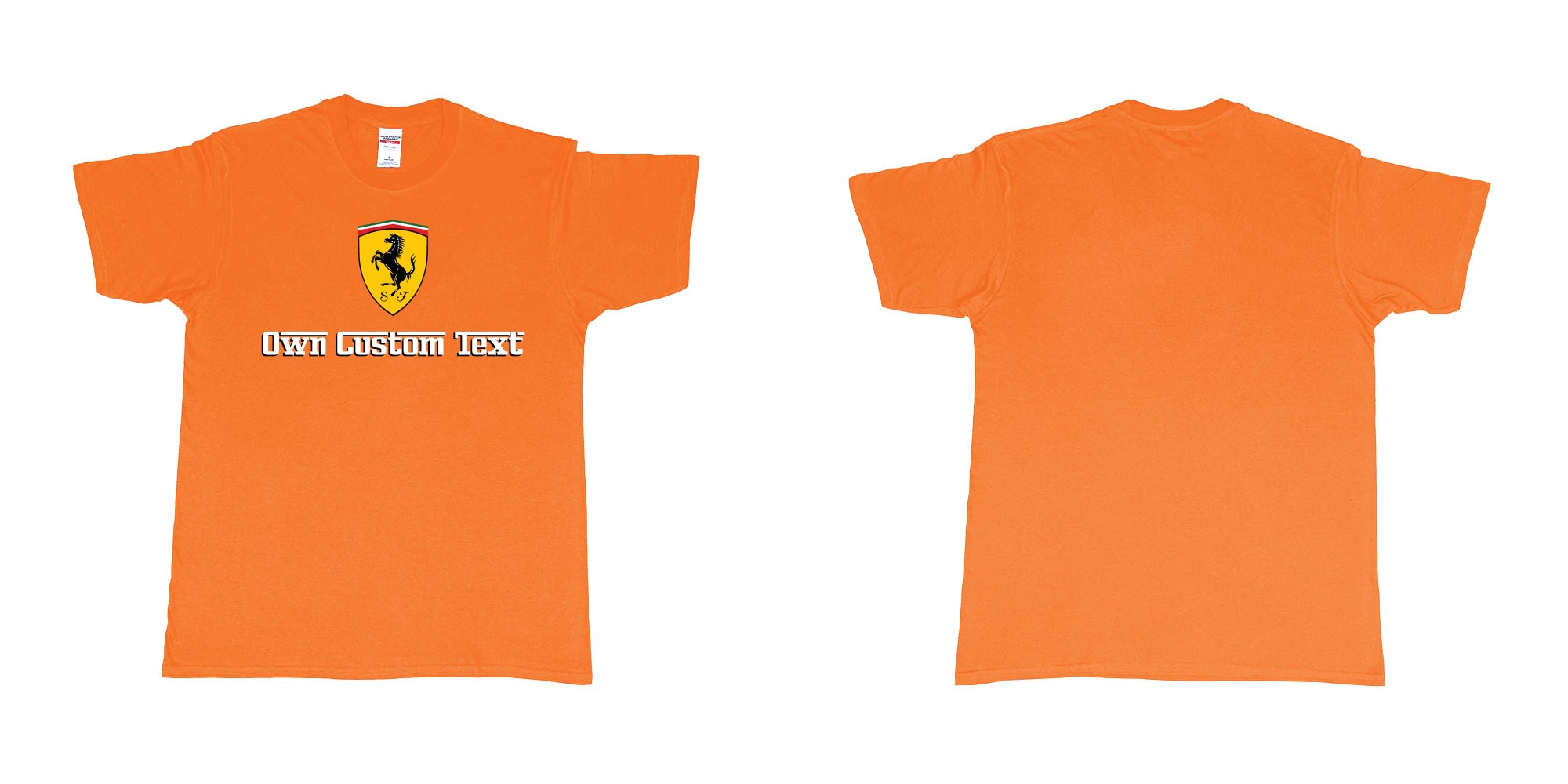 Custom tshirt design ferrari logo design custom print tshirt in fabric color orange choice your own text made in Bali by The Pirate Way