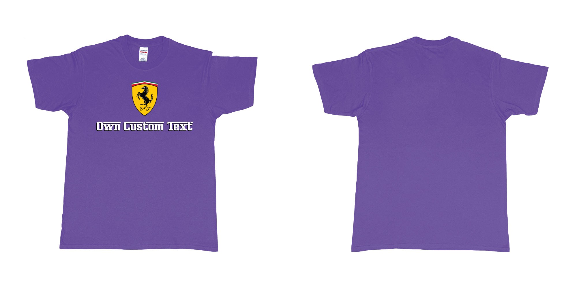 Custom tshirt design ferrari logo design custom print tshirt in fabric color purple choice your own text made in Bali by The Pirate Way