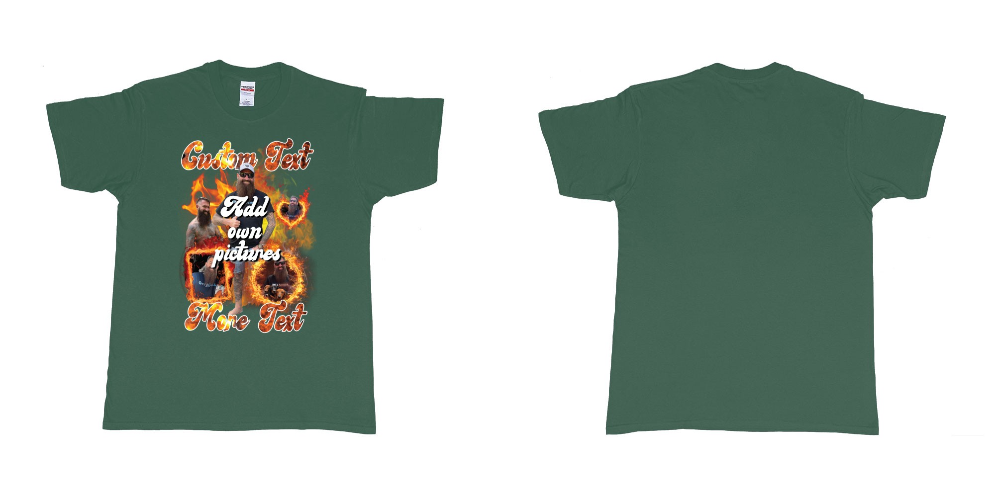 Custom tshirt design fire frames own custom pictures and text in fabric color forest-green choice your own text made in Bali by The Pirate Way