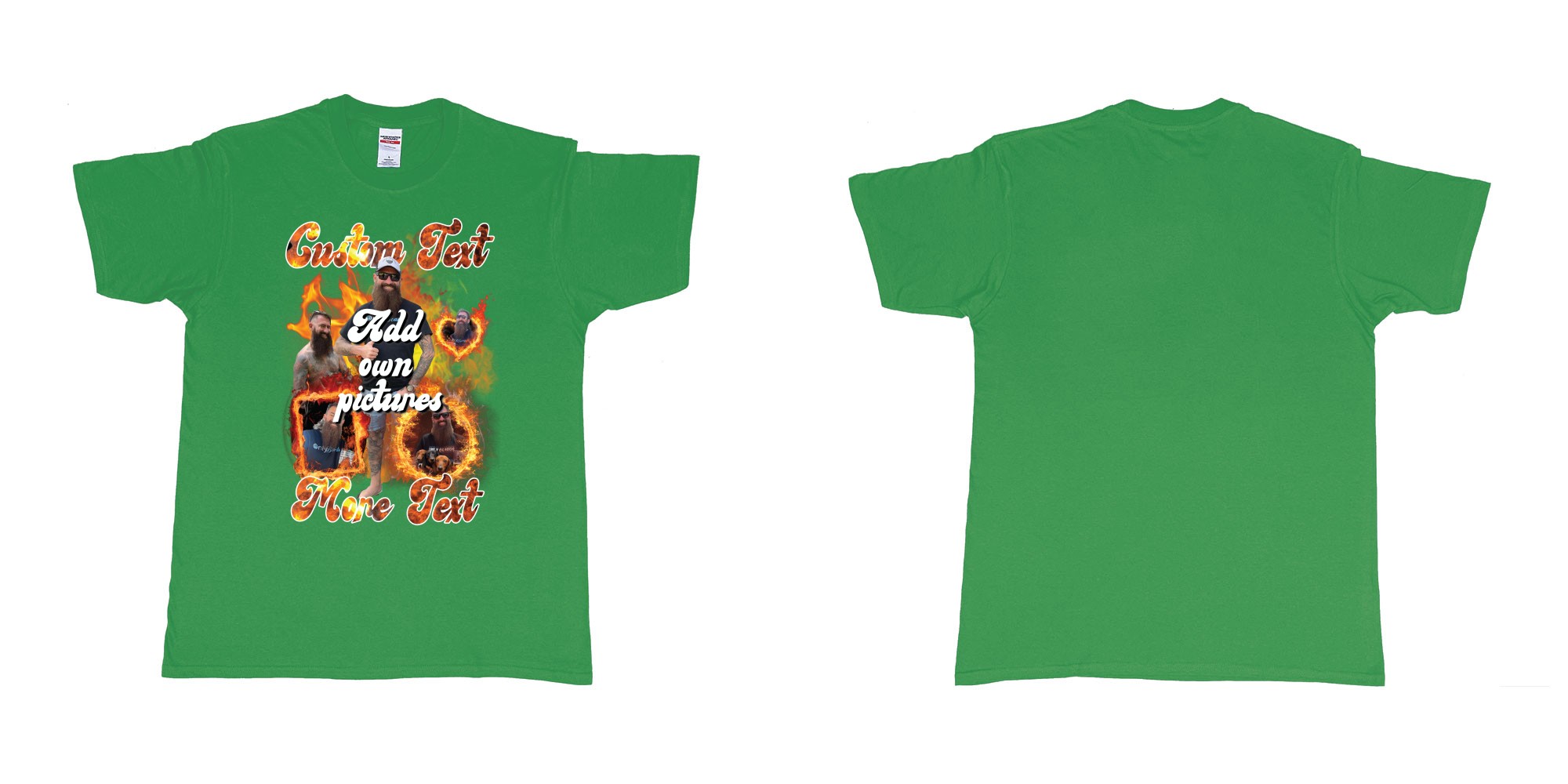Custom tshirt design fire frames own custom pictures and text in fabric color irish-green choice your own text made in Bali by The Pirate Way