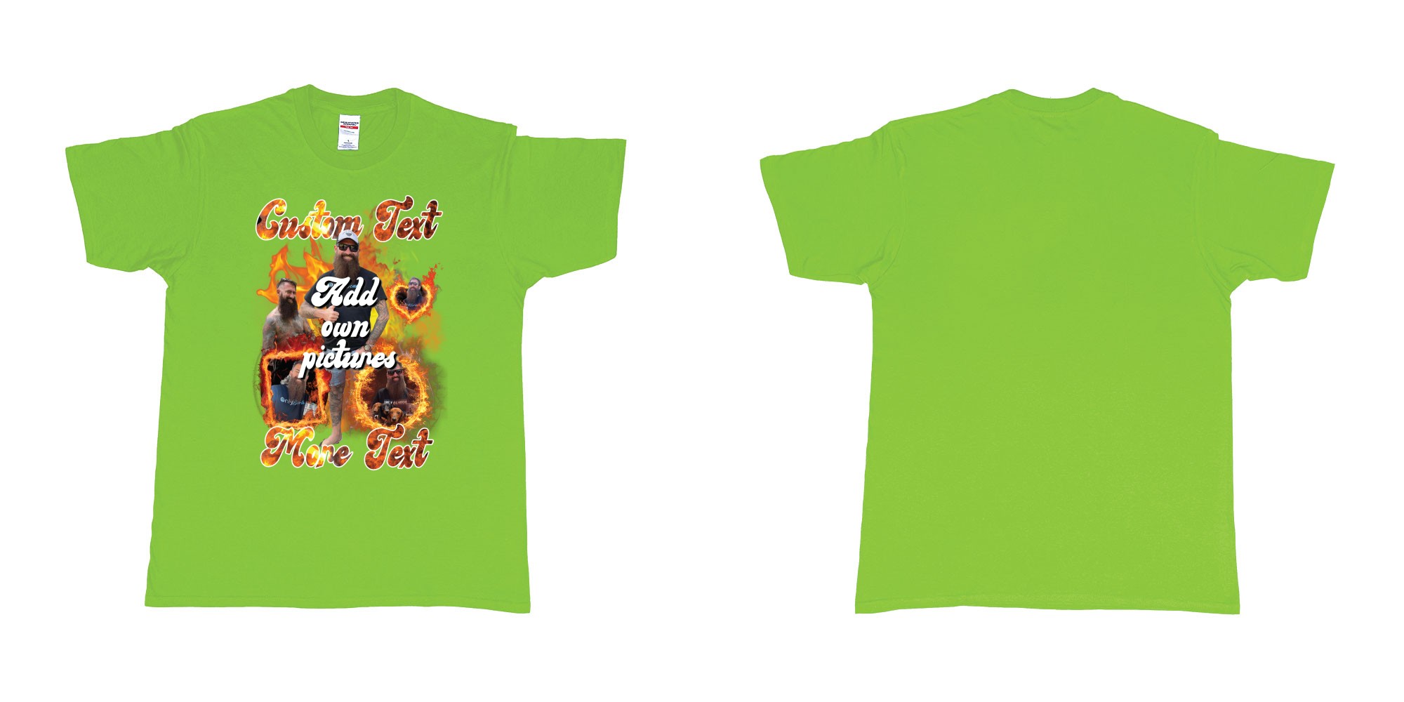 Custom tshirt design fire frames own custom pictures and text in fabric color lime choice your own text made in Bali by The Pirate Way