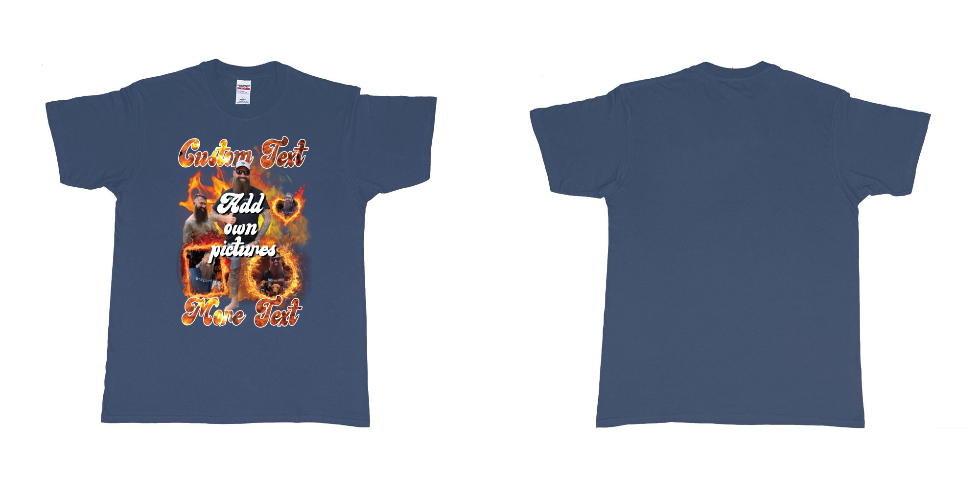 Custom tshirt design fire frames own custom pictures and text in fabric color navy choice your own text made in Bali by The Pirate Way
