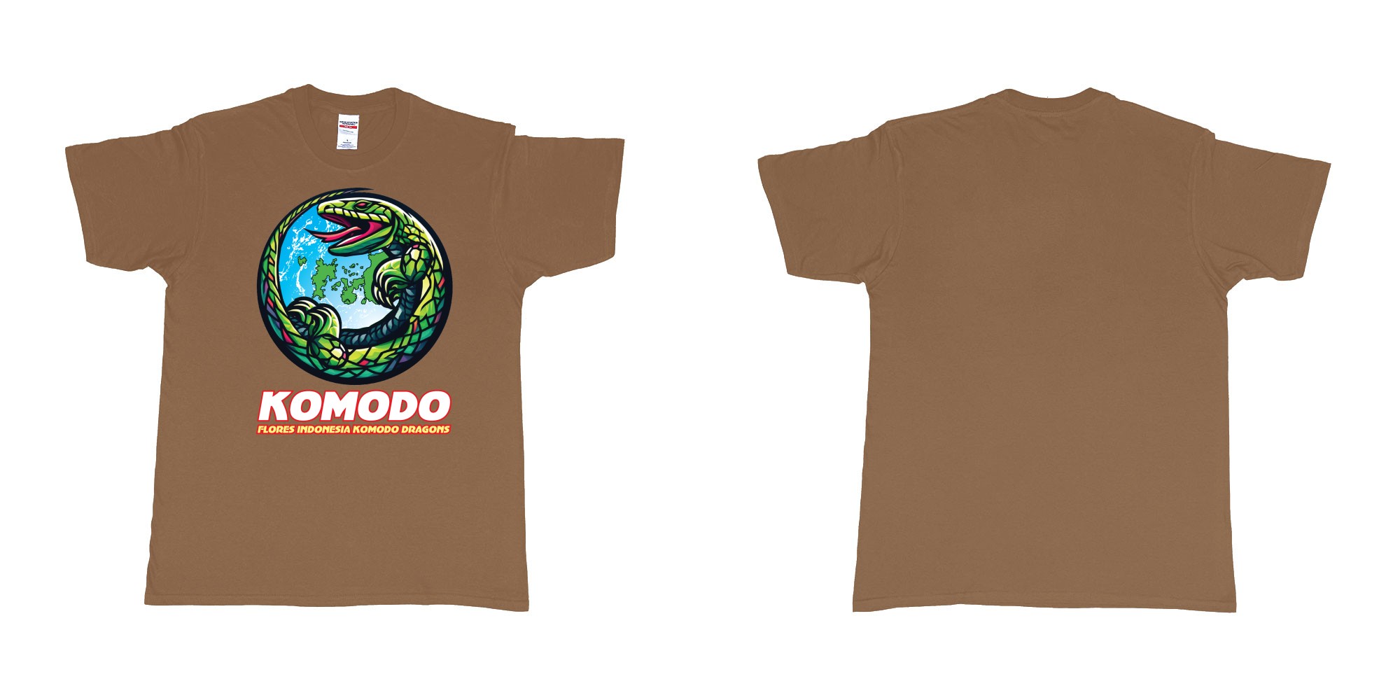 Custom tshirt design flores indonesia komodo dragons cirkle islands in fabric color chestnut choice your own text made in Bali by The Pirate Way