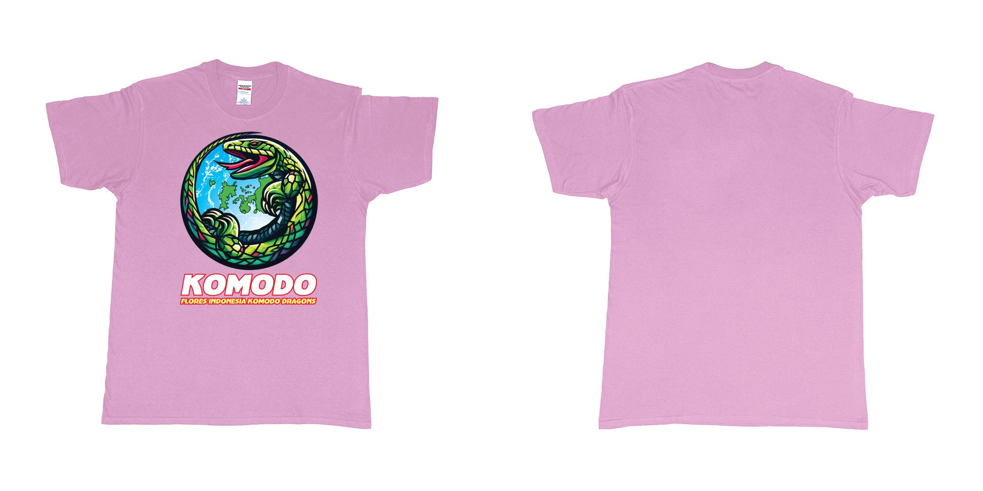 Custom tshirt design flores indonesia komodo dragons cirkle islands in fabric color light-pink choice your own text made in Bali by The Pirate Way