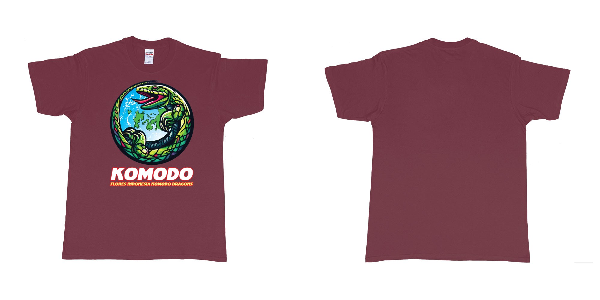Custom tshirt design flores indonesia komodo dragons cirkle islands in fabric color marron choice your own text made in Bali by The Pirate Way