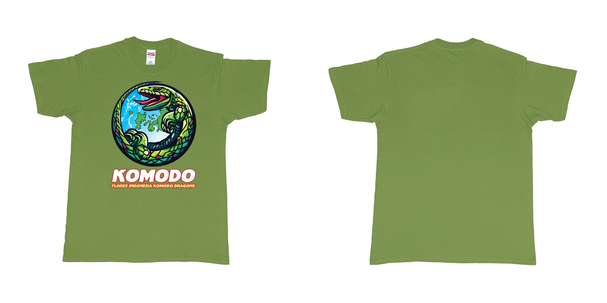 Custom tshirt design flores indonesia komodo dragons cirkle islands in fabric color military-green choice your own text made in Bali by The Pirate Way