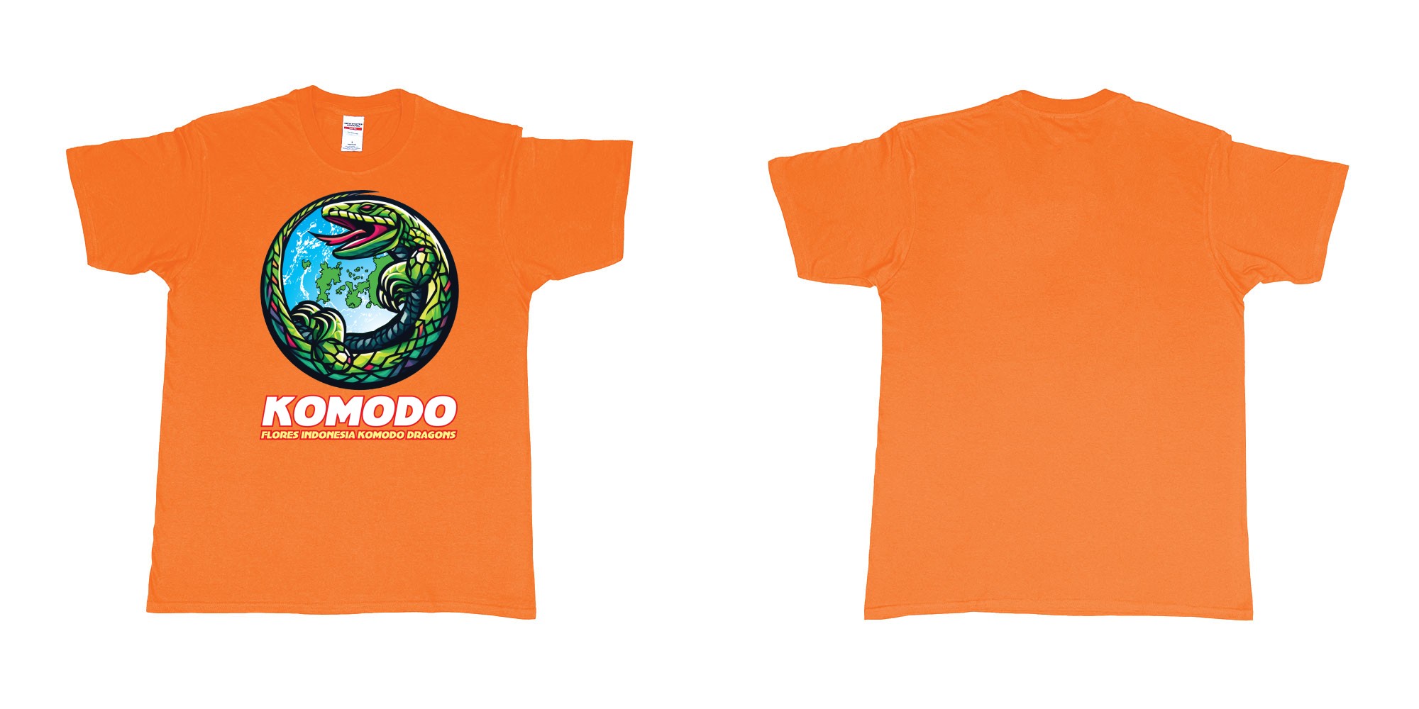 Custom tshirt design flores indonesia komodo dragons cirkle islands in fabric color orange choice your own text made in Bali by The Pirate Way