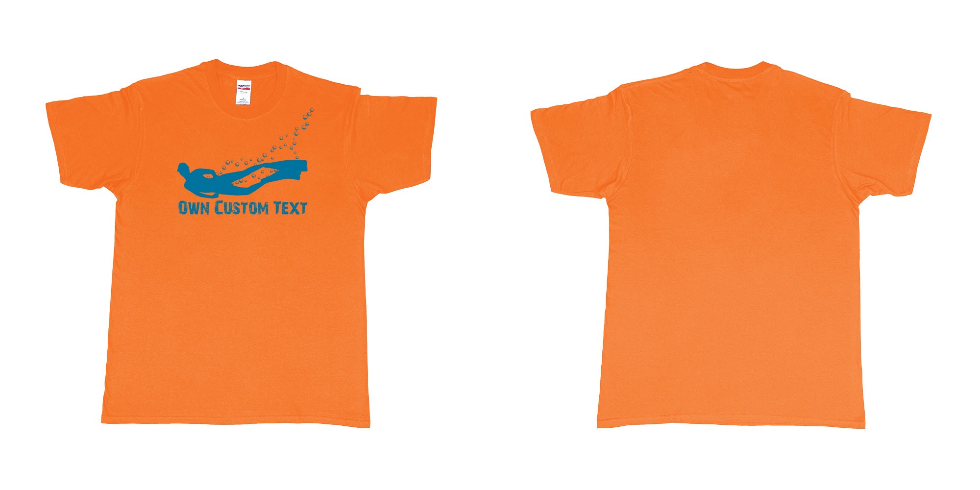 Custom tshirt design freediver bubbles in fabric color orange choice your own text made in Bali by The Pirate Way