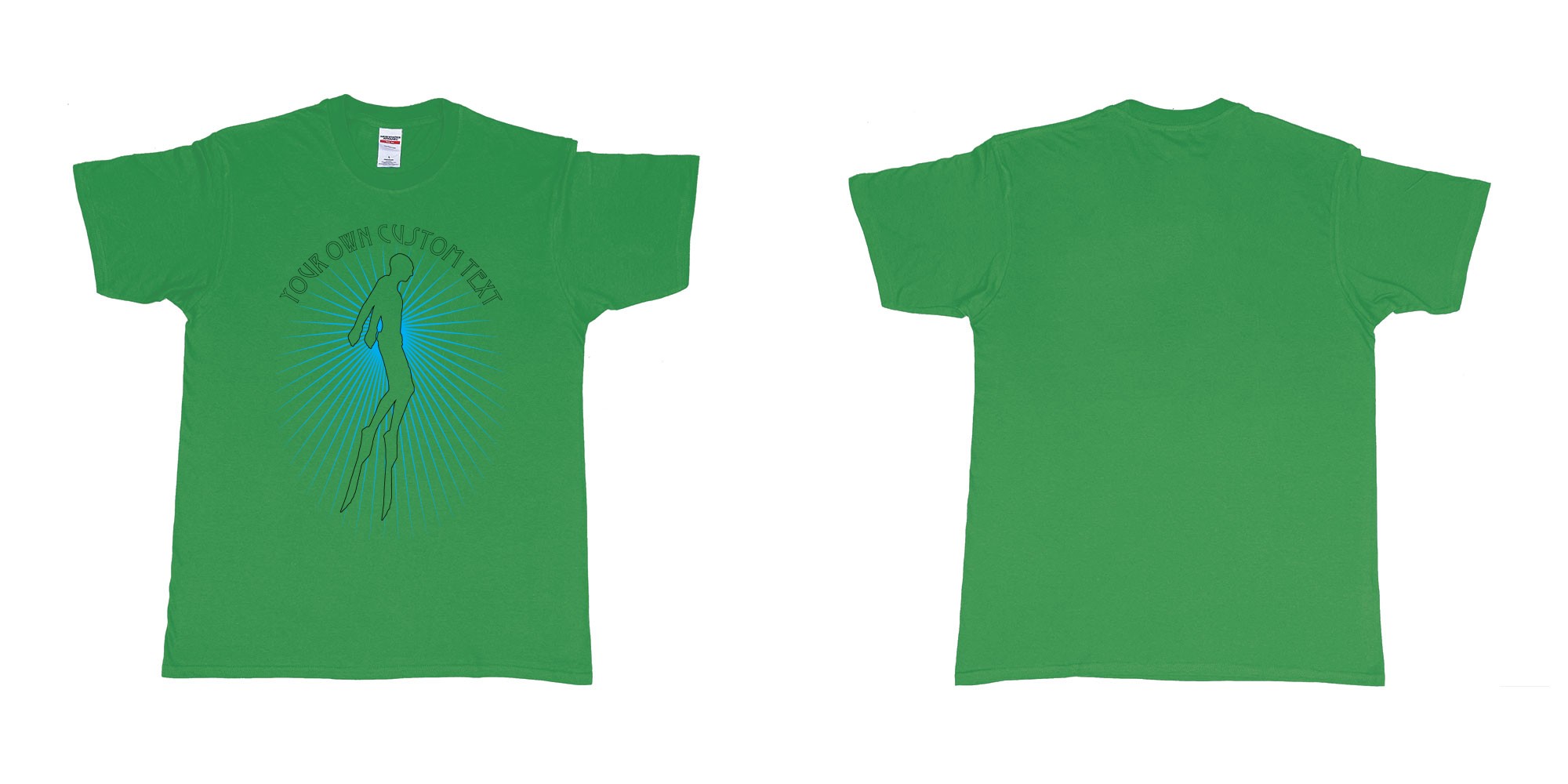 Custom tshirt design freediver swimming sun rays in fabric color irish-green choice your own text made in Bali by The Pirate Way