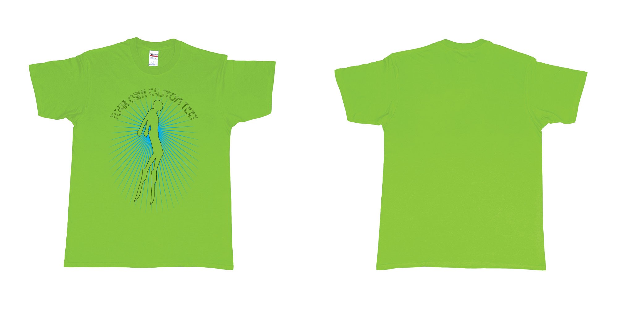Custom tshirt design freediver swimming sun rays in fabric color lime choice your own text made in Bali by The Pirate Way