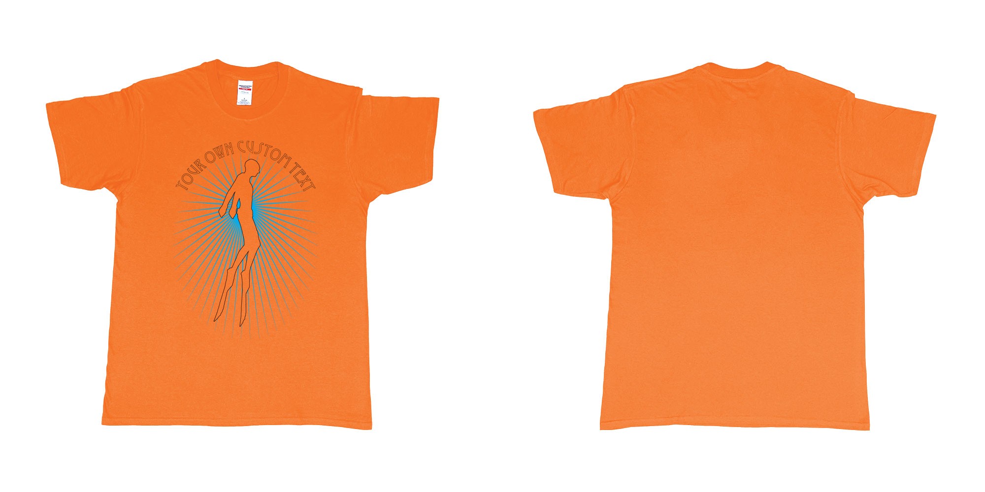 Custom tshirt design freediver swimming sun rays in fabric color orange choice your own text made in Bali by The Pirate Way