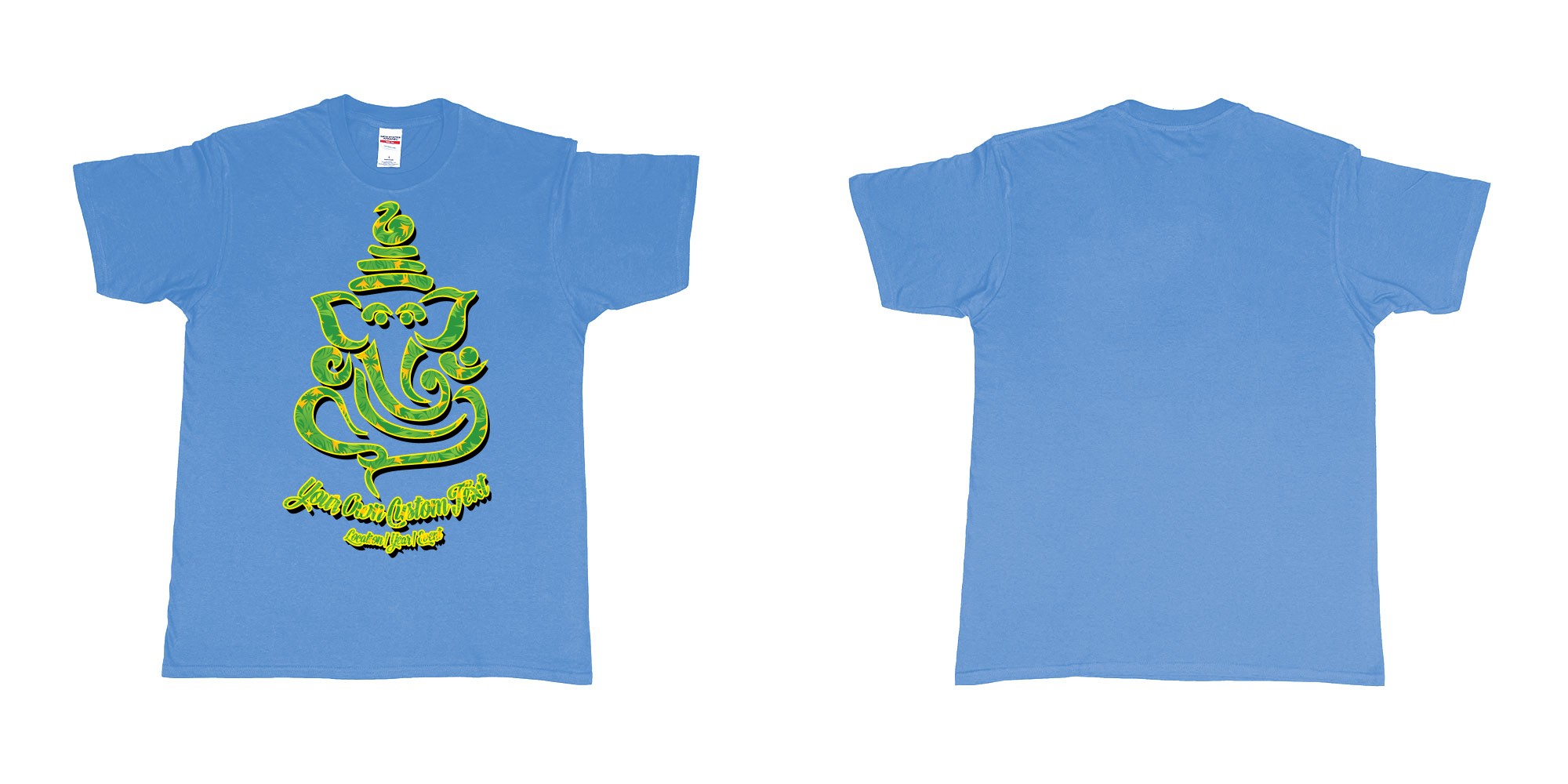 Custom tshirt design ganesh soft jungle yoga customize own design in fabric color carolina-blue choice your own text made in Bali by The Pirate Way