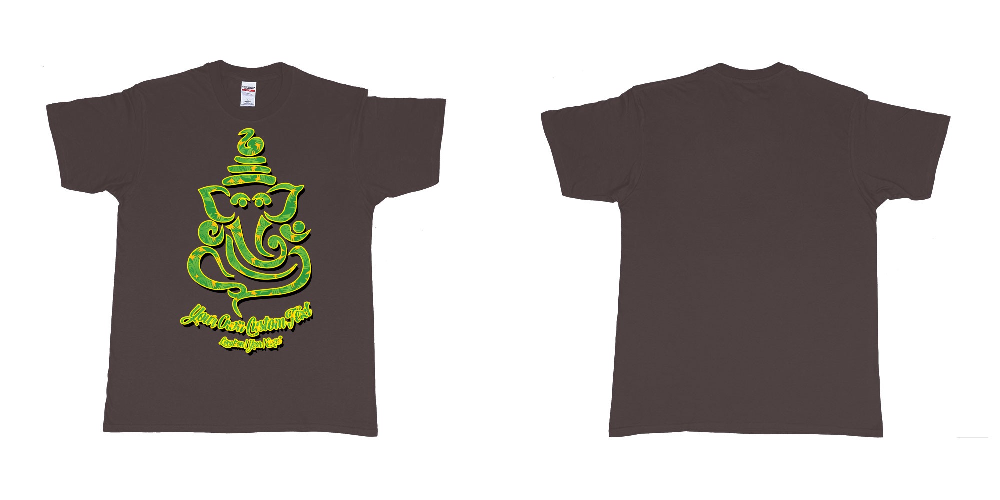 Custom tshirt design ganesh soft jungle yoga customize own design in fabric color dark-chocolate choice your own text made in Bali by The Pirate Way