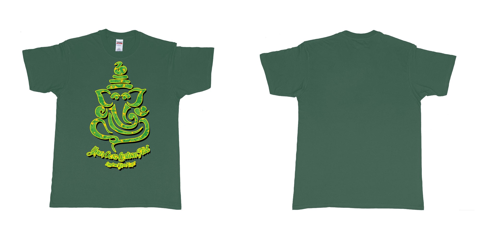 Custom tshirt design ganesh soft jungle yoga customize own design in fabric color forest-green choice your own text made in Bali by The Pirate Way