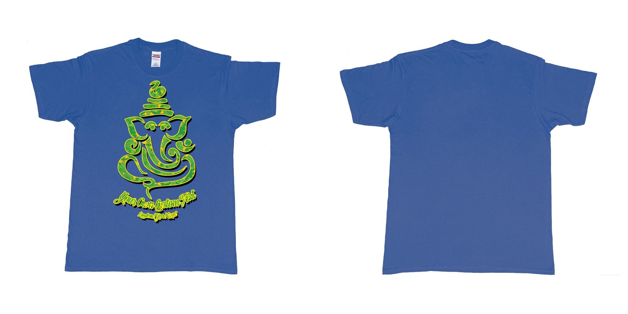 Custom tshirt design ganesh soft jungle yoga customize own design in fabric color royal-blue choice your own text made in Bali by The Pirate Way