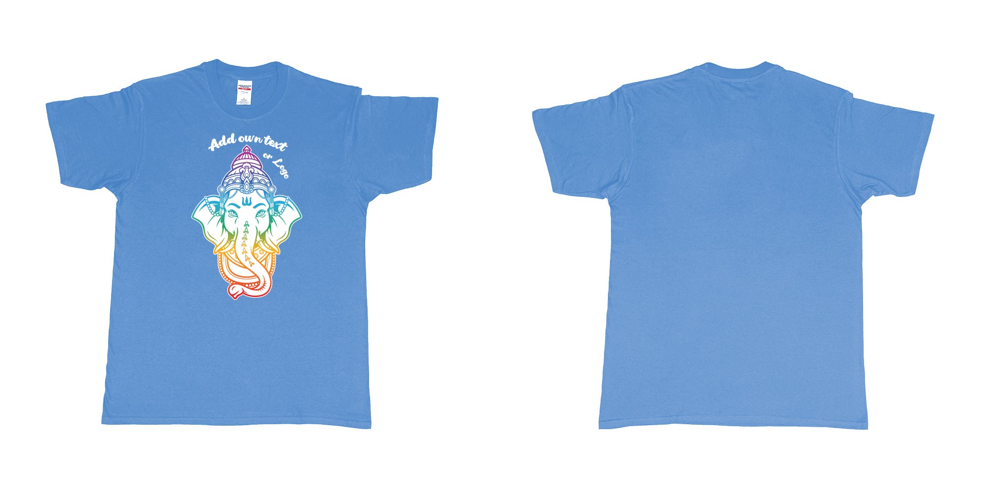 Custom tshirt design ganesha rainbow custom printing in fabric color carolina-blue choice your own text made in Bali by The Pirate Way