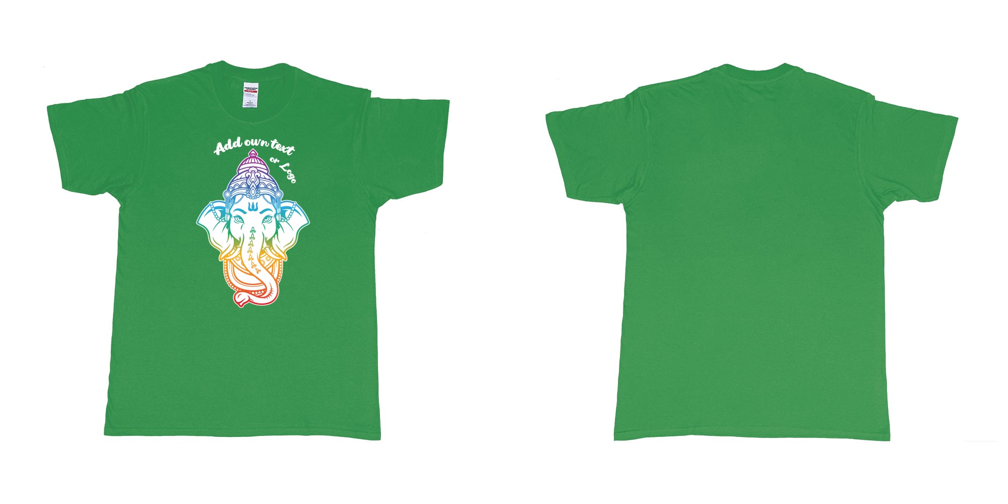 Custom tshirt design ganesha rainbow custom printing in fabric color irish-green choice your own text made in Bali by The Pirate Way