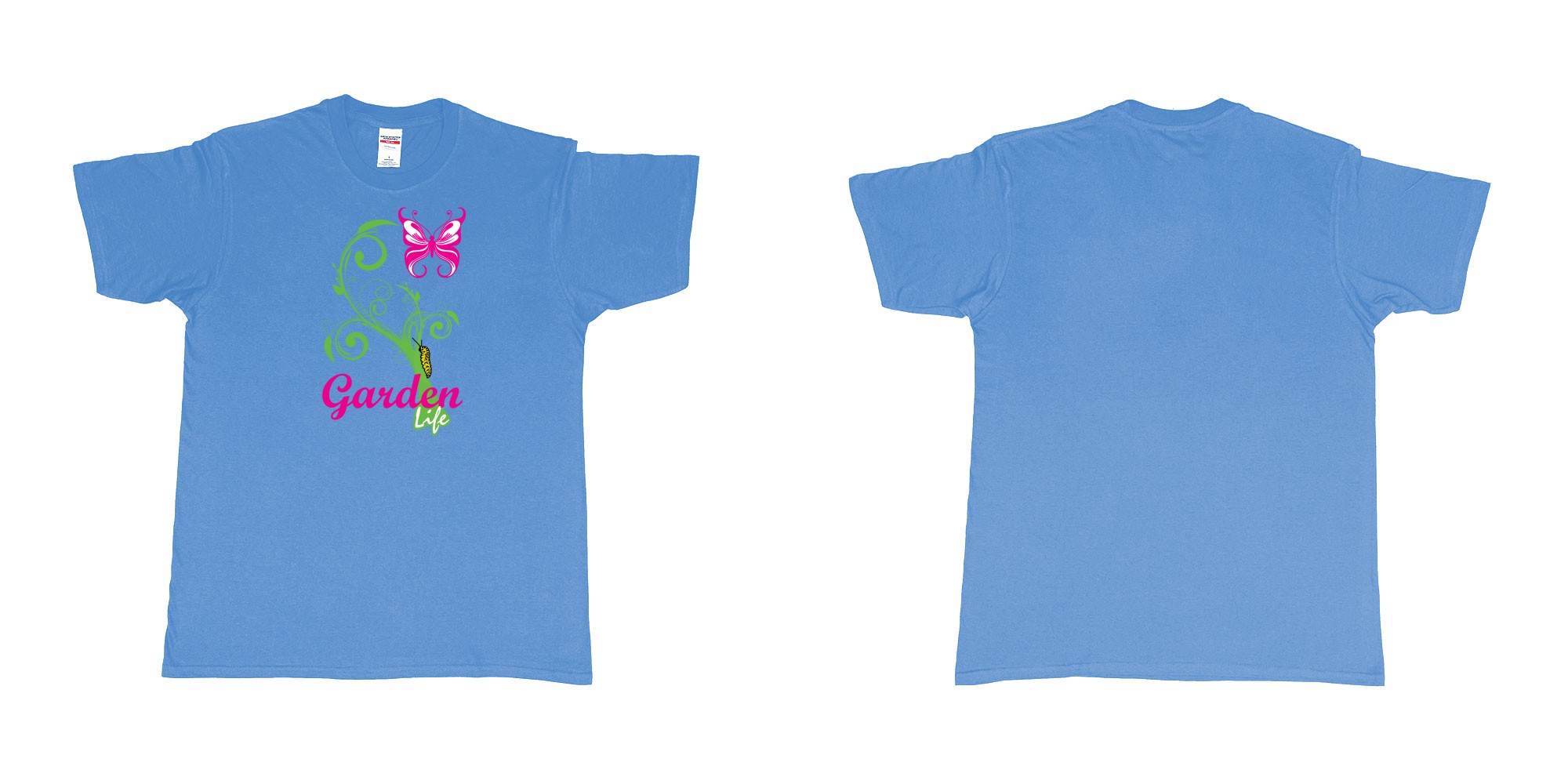 Custom tshirt design garden life transformation from a caterpillar and a butterfly in fabric color carolina-blue choice your own text made in Bali by The Pirate Way