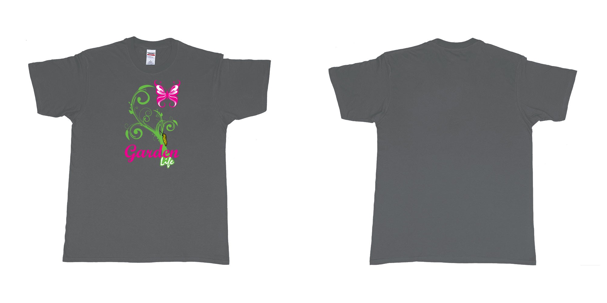Custom tshirt design garden life transformation from a caterpillar and a butterfly in fabric color charcoal choice your own text made in Bali by The Pirate Way