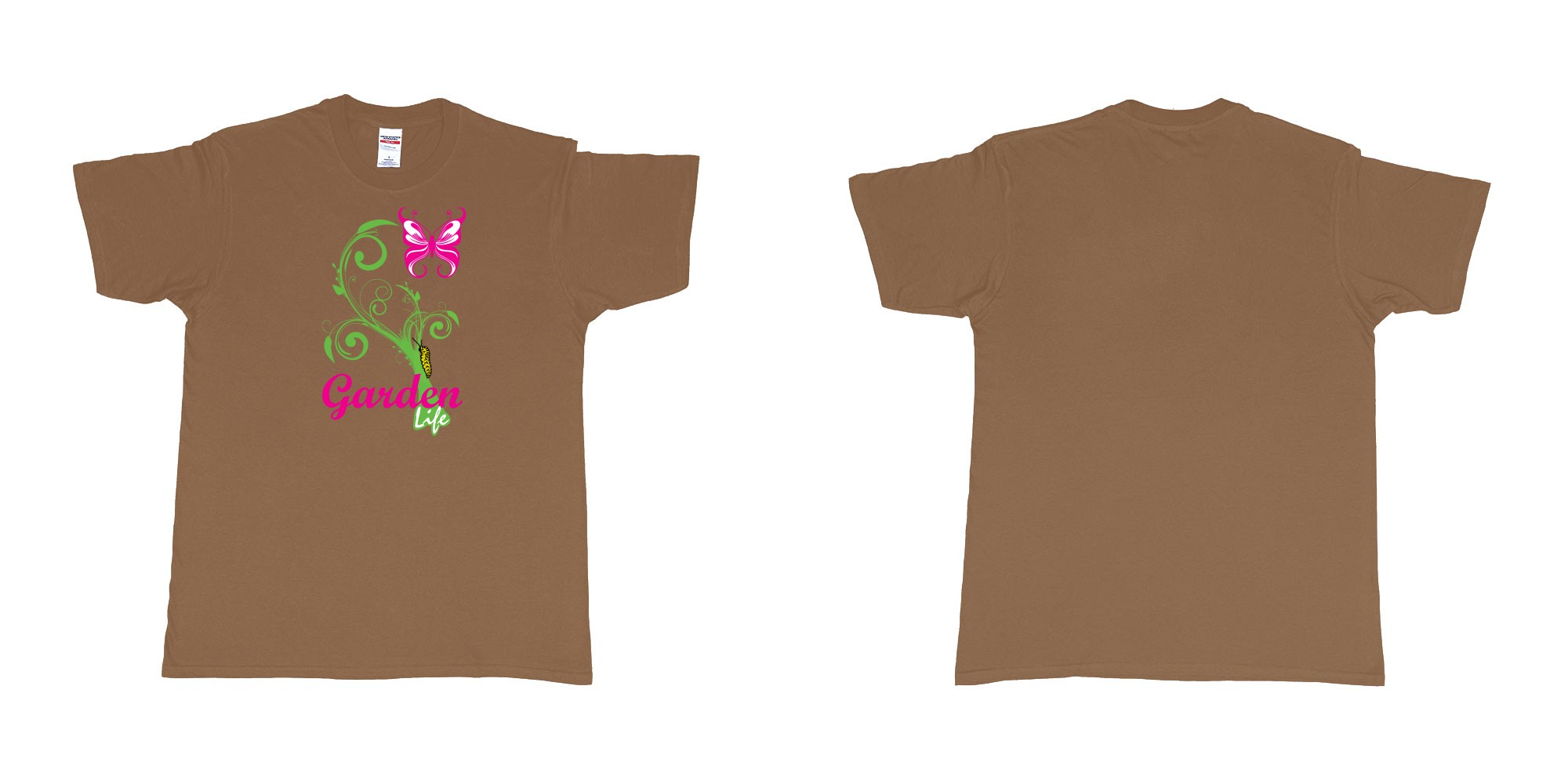 Custom tshirt design garden life transformation from a caterpillar and a butterfly in fabric color chestnut choice your own text made in Bali by The Pirate Way