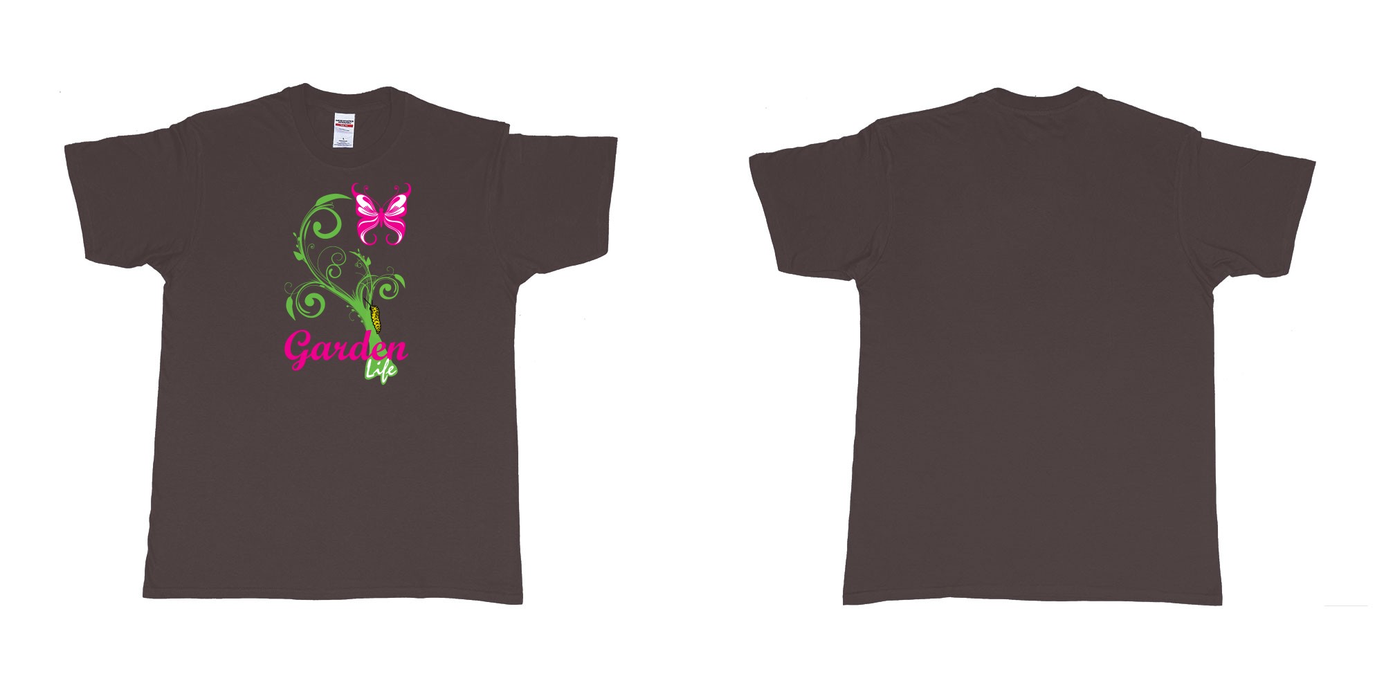 Custom tshirt design garden life transformation from a caterpillar and a butterfly in fabric color dark-chocolate choice your own text made in Bali by The Pirate Way