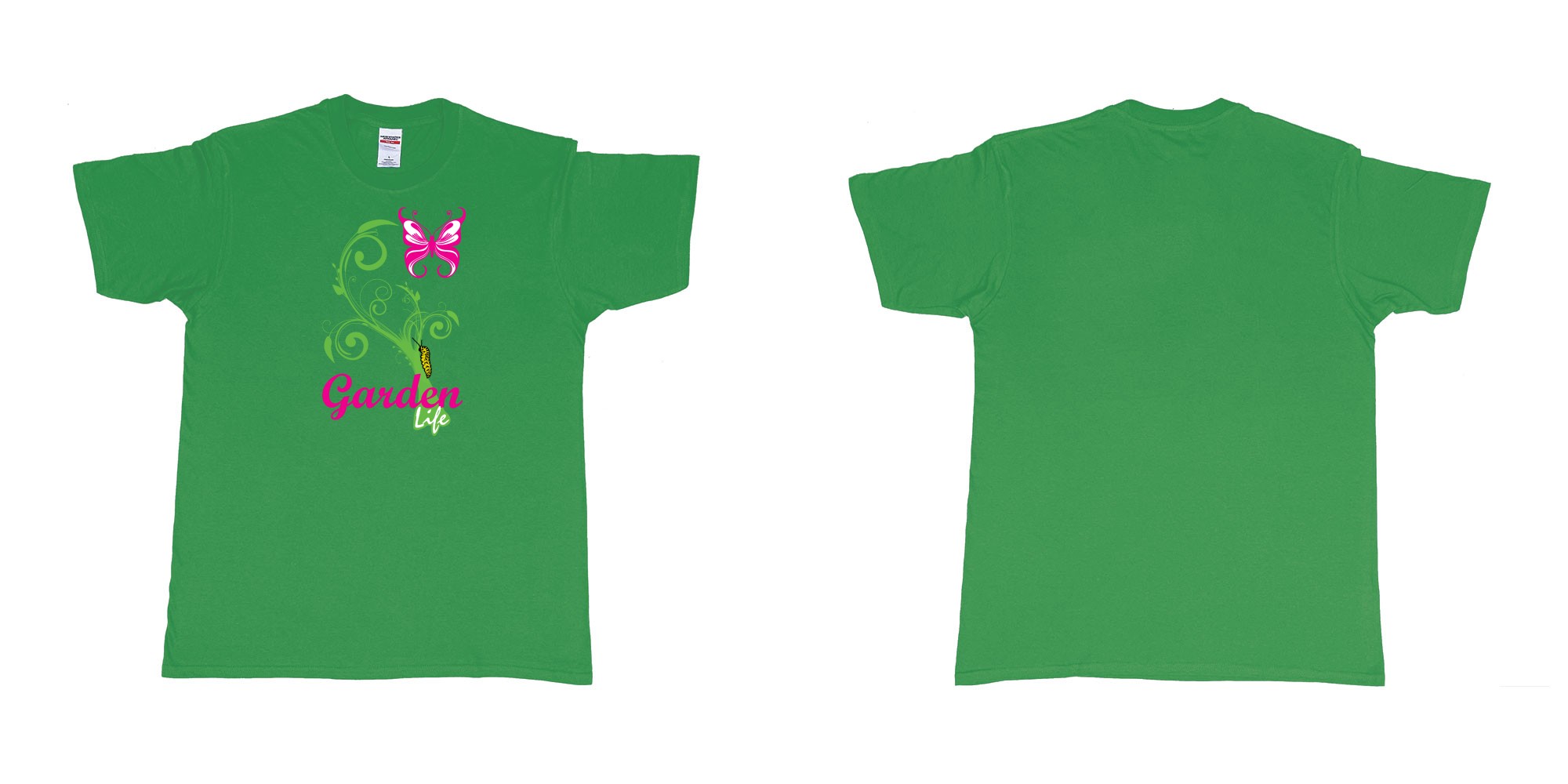 Custom tshirt design garden life transformation from a caterpillar and a butterfly in fabric color irish-green choice your own text made in Bali by The Pirate Way