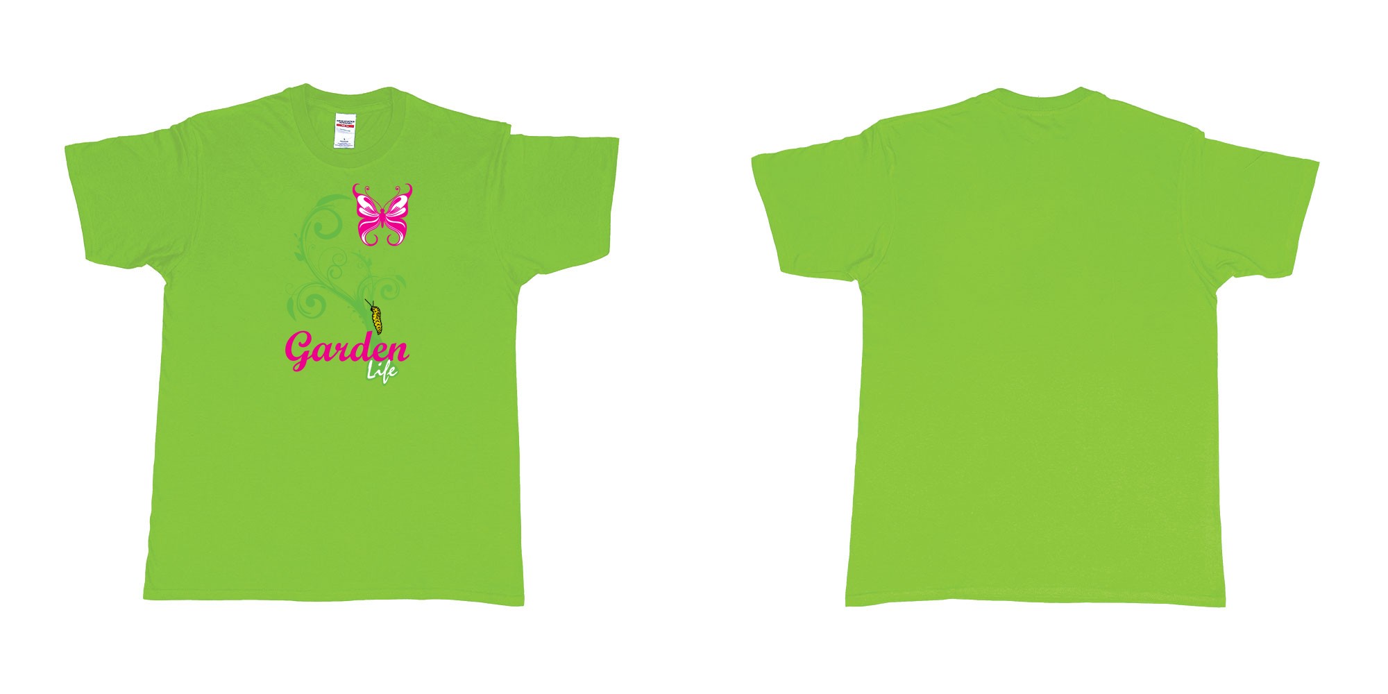 Custom tshirt design garden life transformation from a caterpillar and a butterfly in fabric color lime choice your own text made in Bali by The Pirate Way