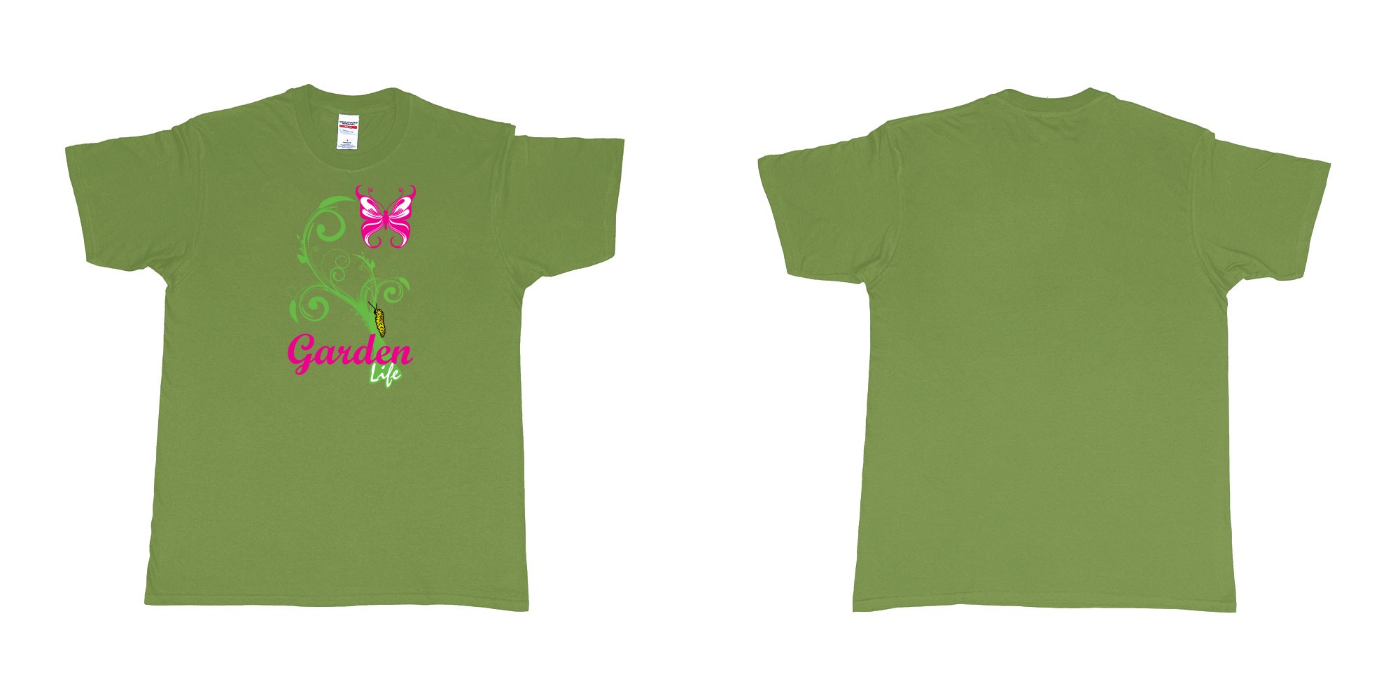 Custom tshirt design garden life transformation from a caterpillar and a butterfly in fabric color military-green choice your own text made in Bali by The Pirate Way