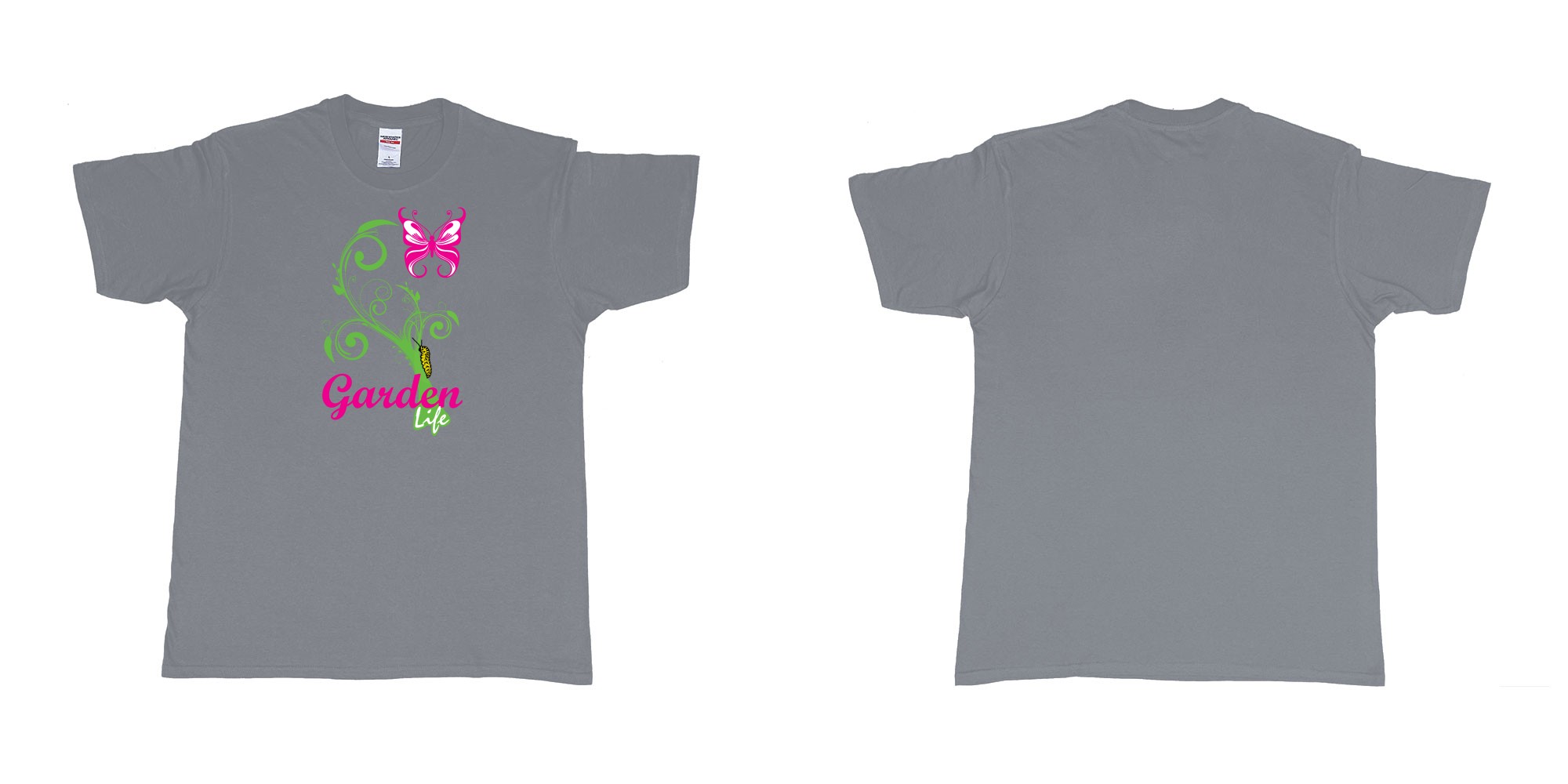 Custom tshirt design garden life transformation from a caterpillar and a butterfly in fabric color misty choice your own text made in Bali by The Pirate Way