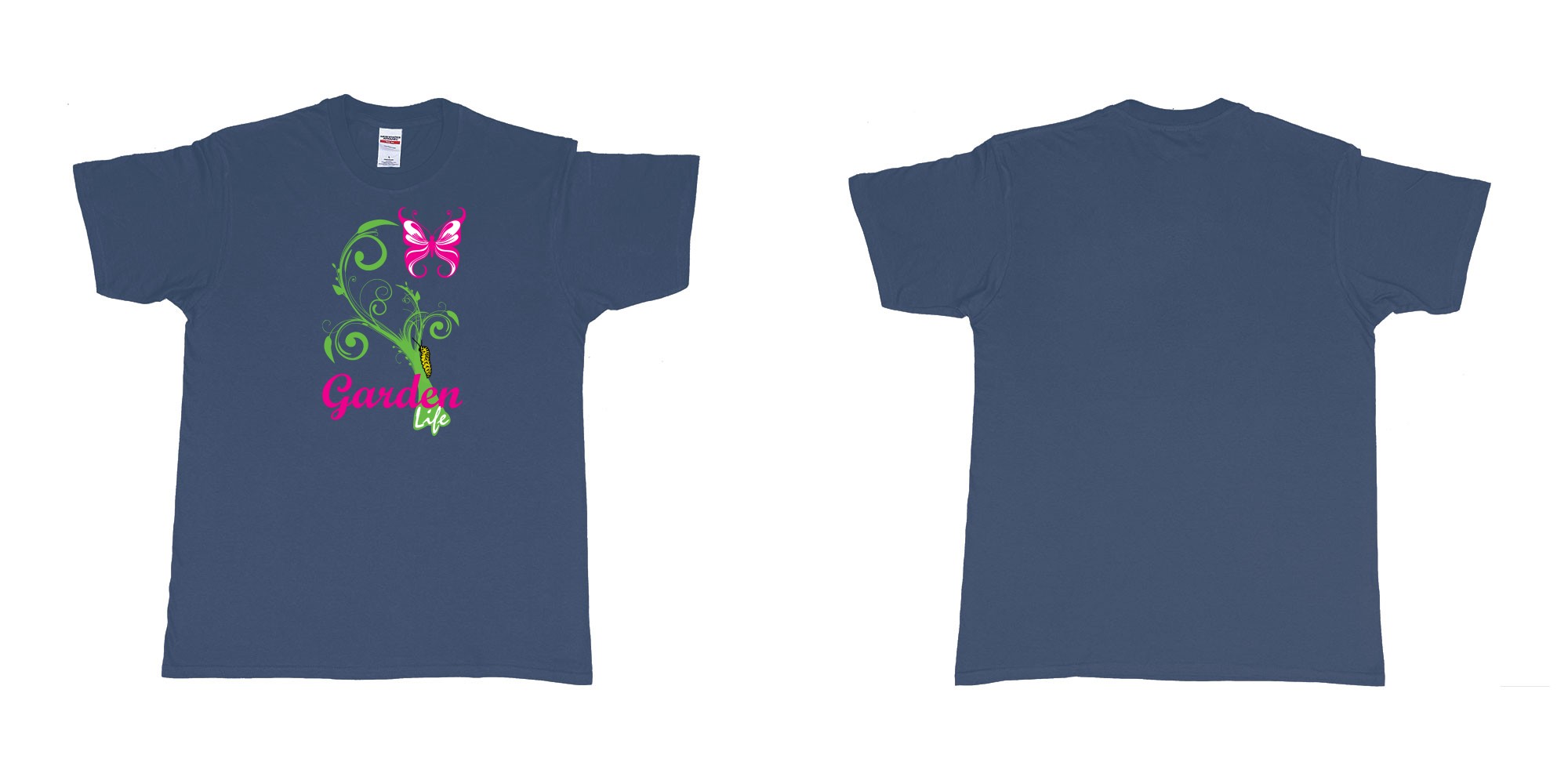 Custom tshirt design garden life transformation from a caterpillar and a butterfly in fabric color navy choice your own text made in Bali by The Pirate Way