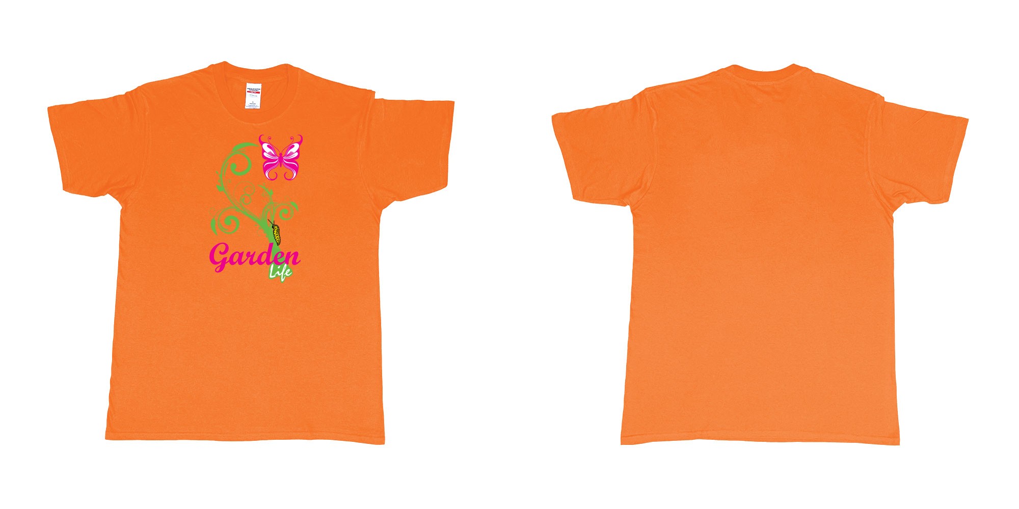 Custom tshirt design garden life transformation from a caterpillar and a butterfly in fabric color orange choice your own text made in Bali by The Pirate Way