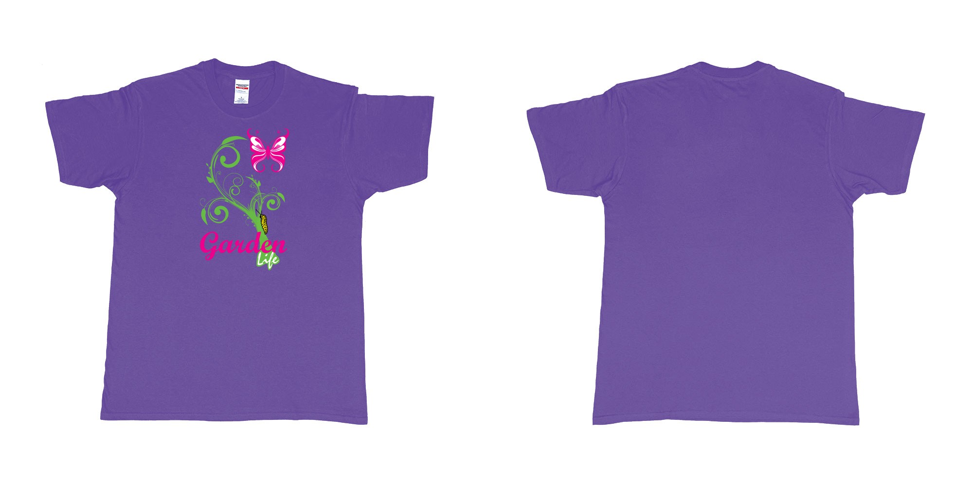 Custom tshirt design garden life transformation from a caterpillar and a butterfly in fabric color purple choice your own text made in Bali by The Pirate Way