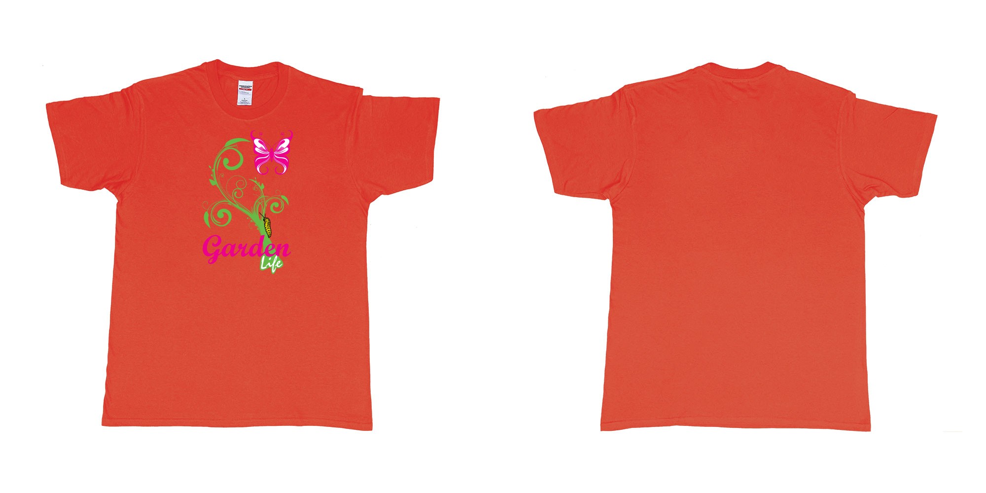Custom tshirt design garden life transformation from a caterpillar and a butterfly in fabric color red choice your own text made in Bali by The Pirate Way