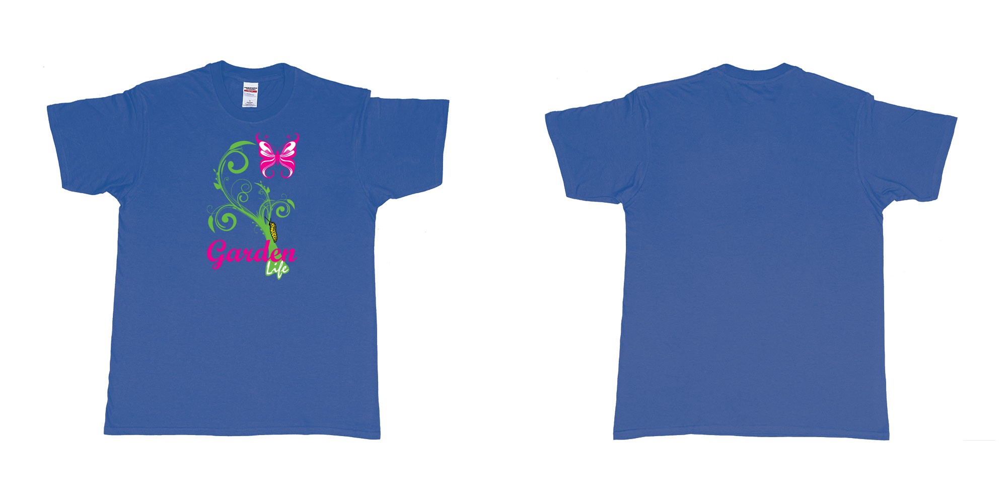 Custom tshirt design garden life transformation from a caterpillar and a butterfly in fabric color royal-blue choice your own text made in Bali by The Pirate Way