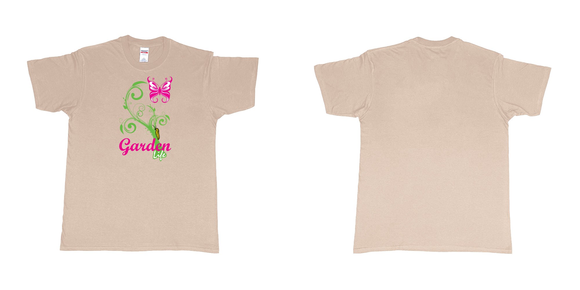 Custom tshirt design garden life transformation from a caterpillar and a butterfly in fabric color sand choice your own text made in Bali by The Pirate Way