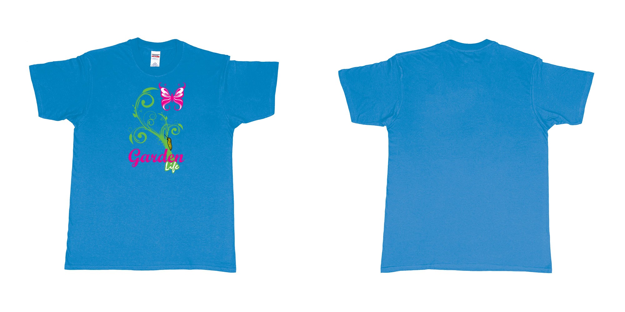 Custom tshirt design garden life transformation from a caterpillar and a butterfly in fabric color sapphire choice your own text made in Bali by The Pirate Way