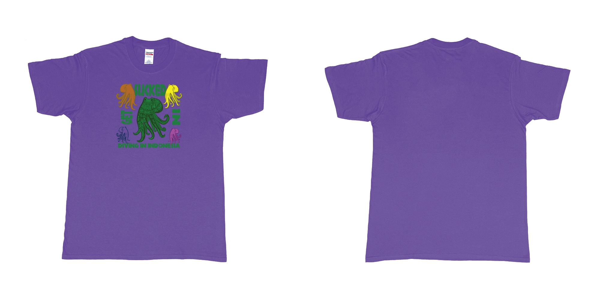 Custom tshirt design get sucked in diving in indonesia octopuses in fabric color purple choice your own text made in Bali by The Pirate Way