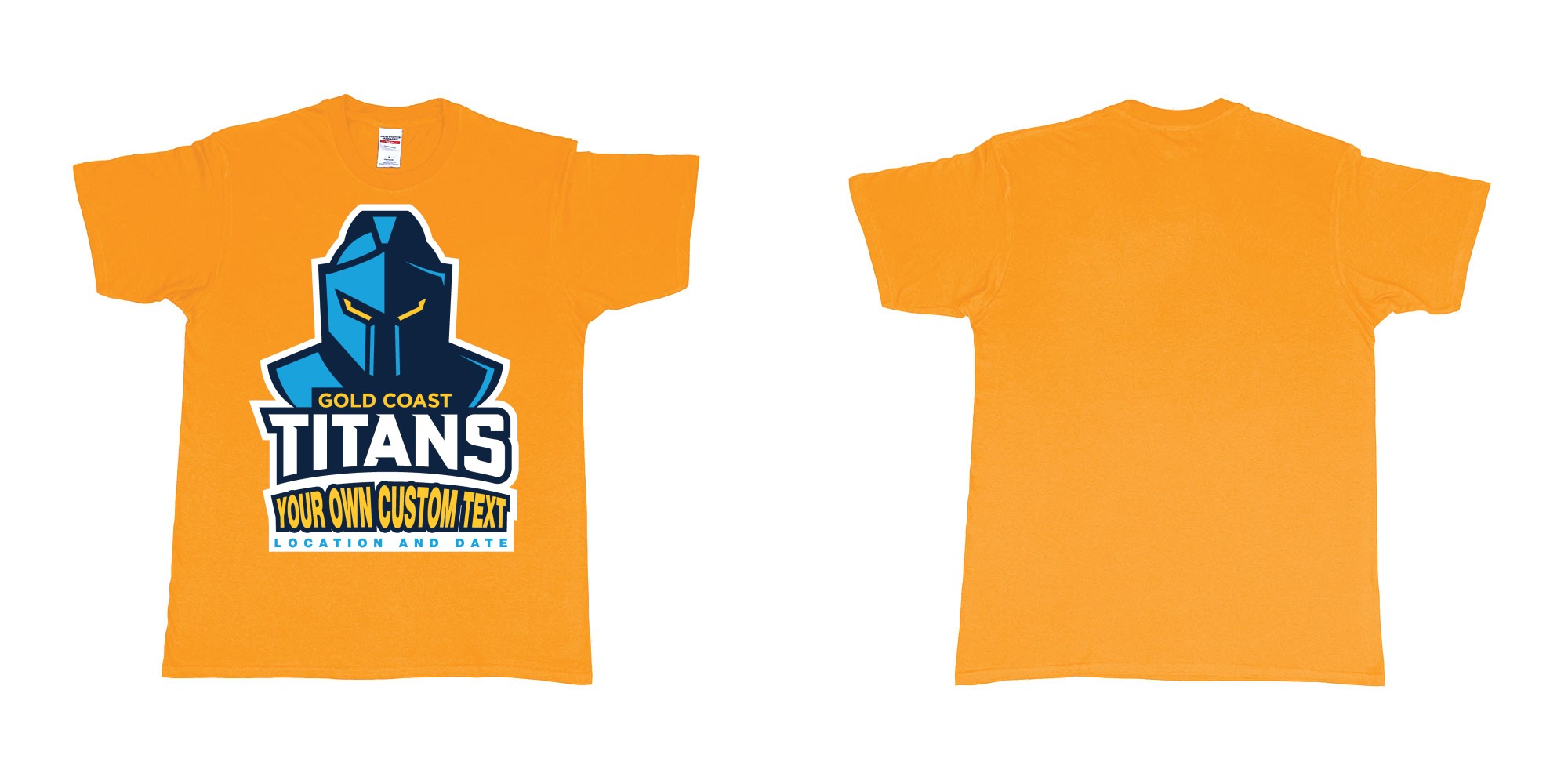 Custom tshirt design gold coast titans own custom design print in fabric color gold choice your own text made in Bali by The Pirate Way