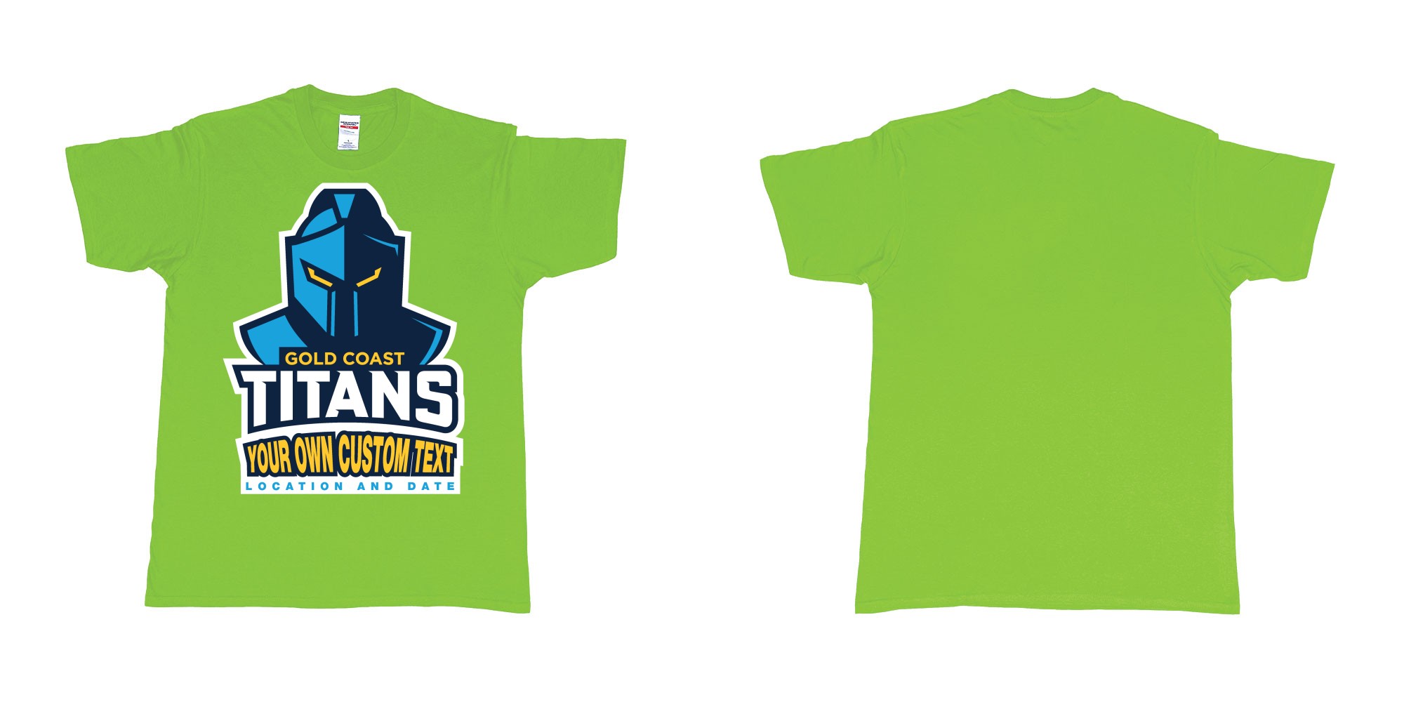 Custom tshirt design gold coast titans own custom design print in fabric color lime choice your own text made in Bali by The Pirate Way